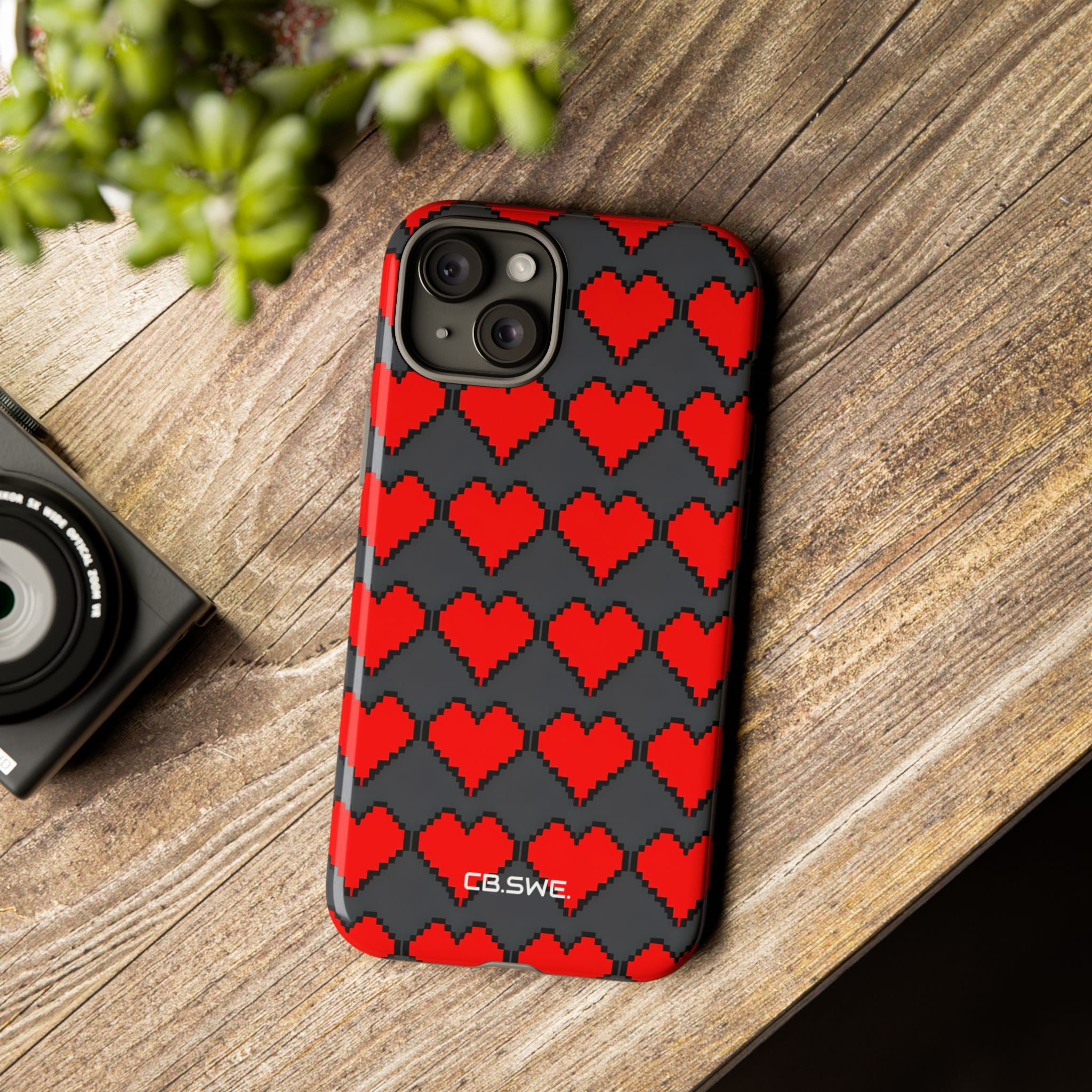 Red Heart Dark Gray Diamonds Seamless iPhone 15 - Tough