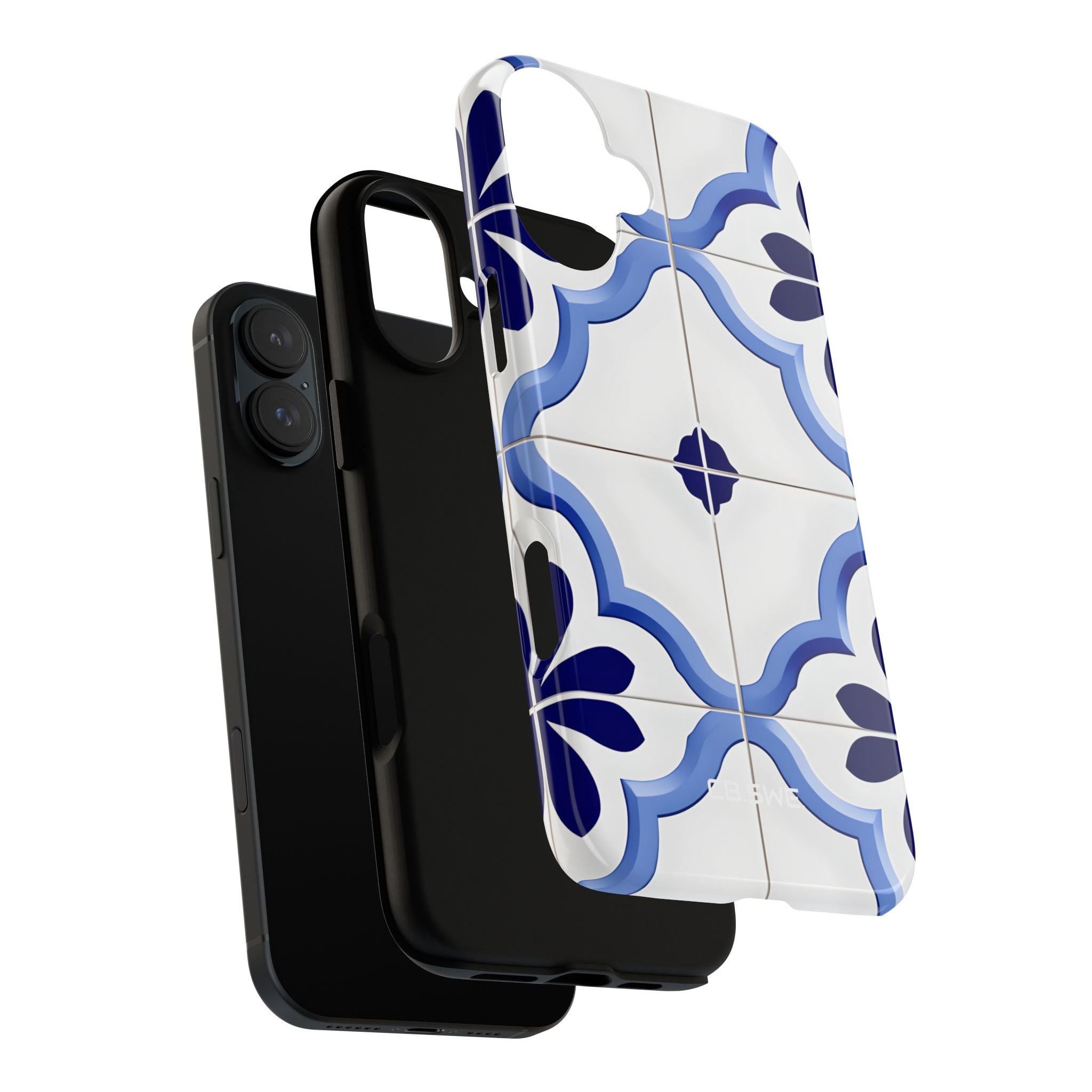Elegant Blue Floral Geometric Tile iPhone 16 - Tough