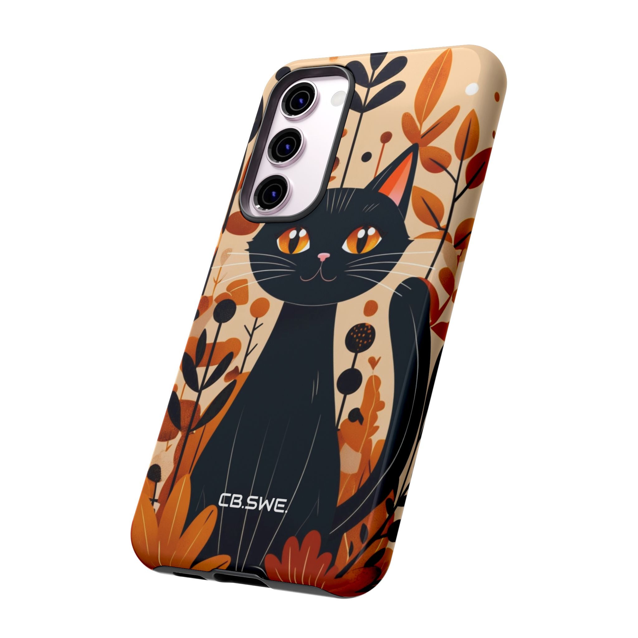 Whimsical Cartoon Black Cat Surrounded by Stylized Plants Mobile Wallpaper Samsung S23 - Tough