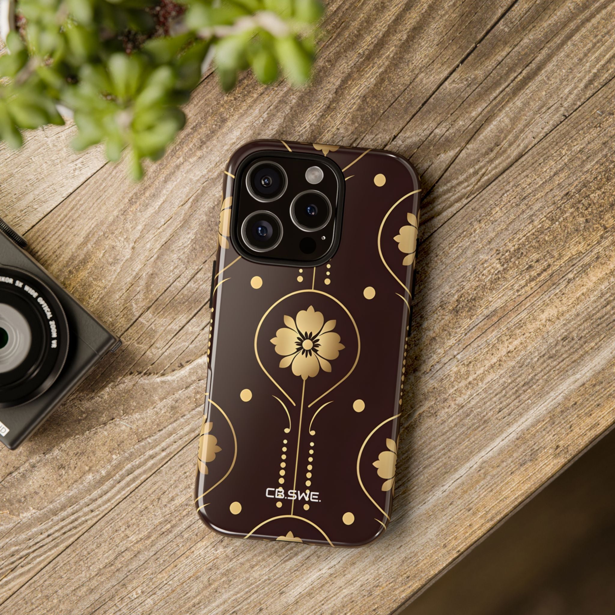 Elegant Gold Floral Symmetrical on Dark Brown iPhone 16 - Tough