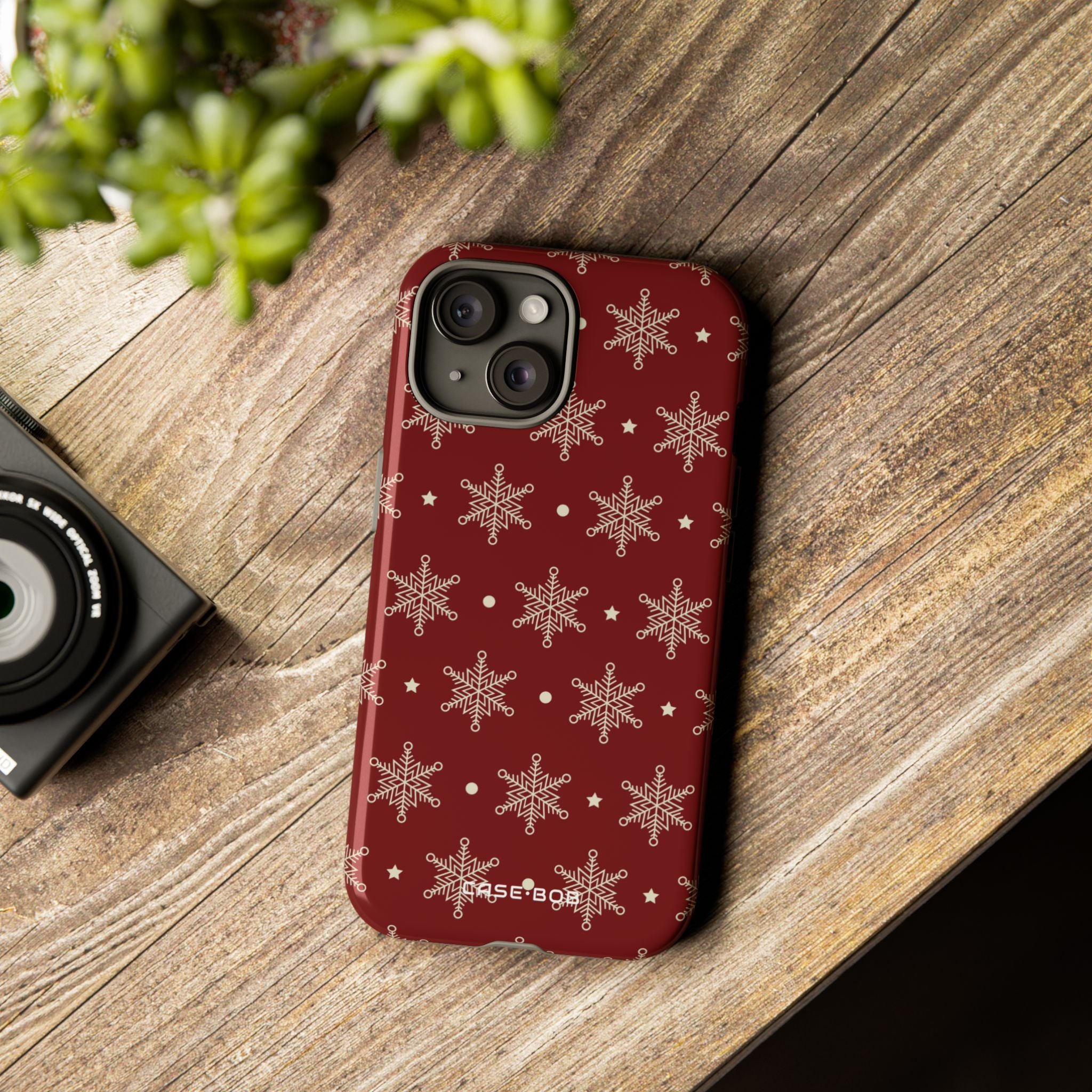 Cream Snowflake Crimson iPhone 15 Case - Tough