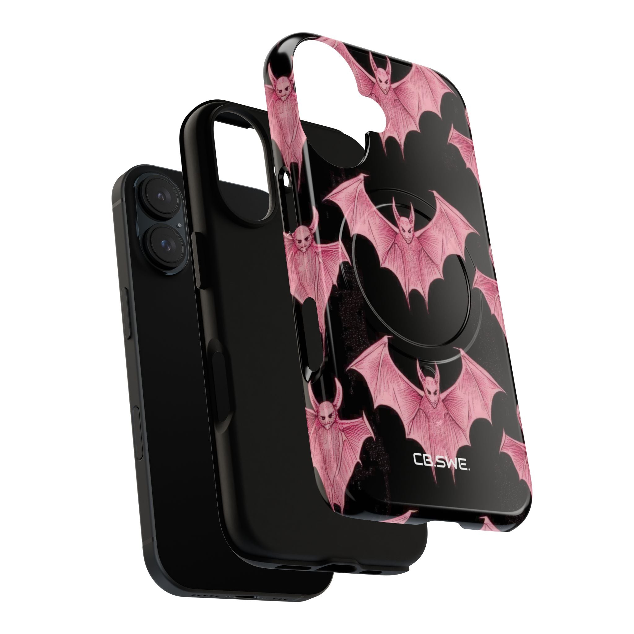 Pink Bat on Black Symmetrical iPhone 16 - Tough+