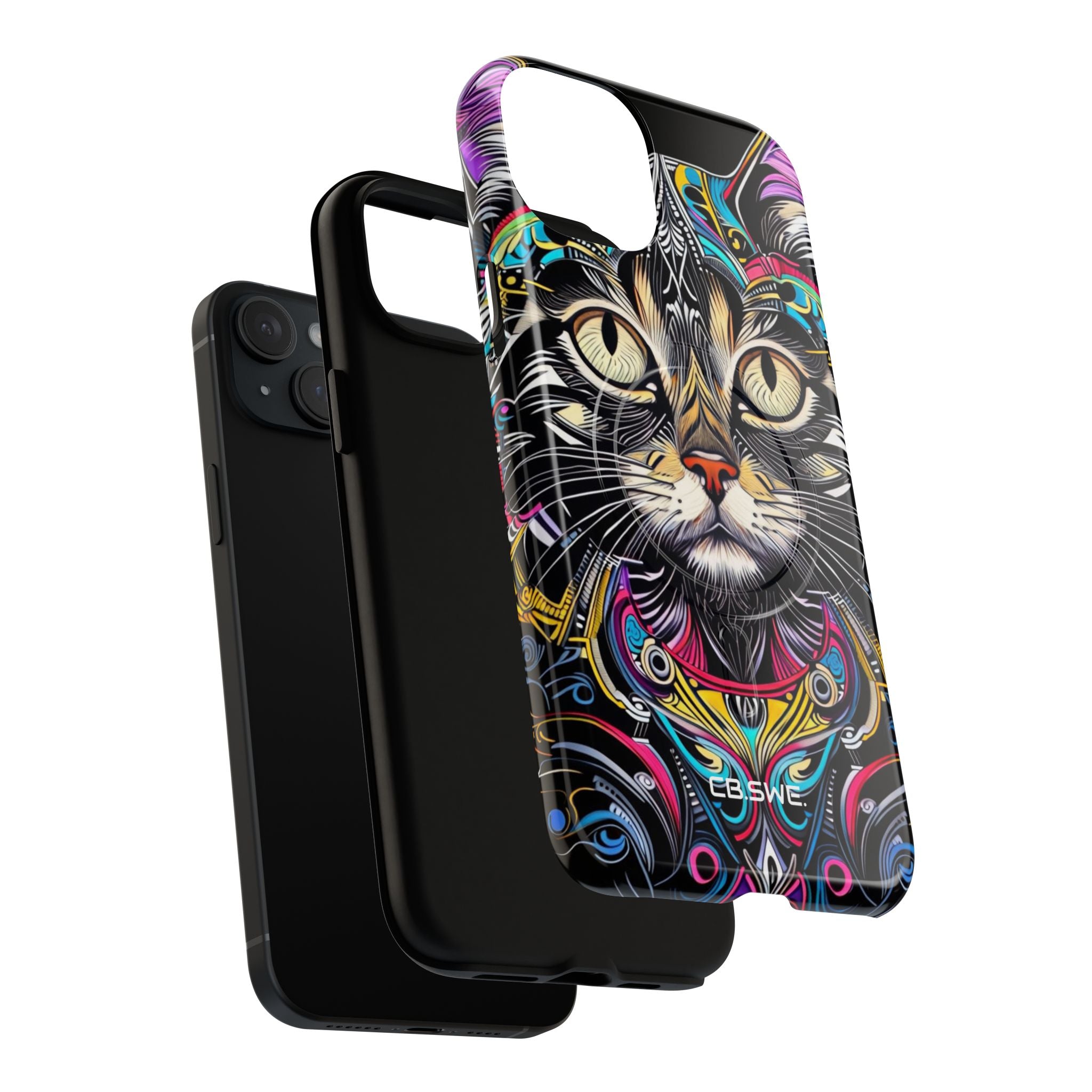 Stunning Multi-Color Scratchboard Art Intricate Tabby Cat iPhone 15 - Tough+