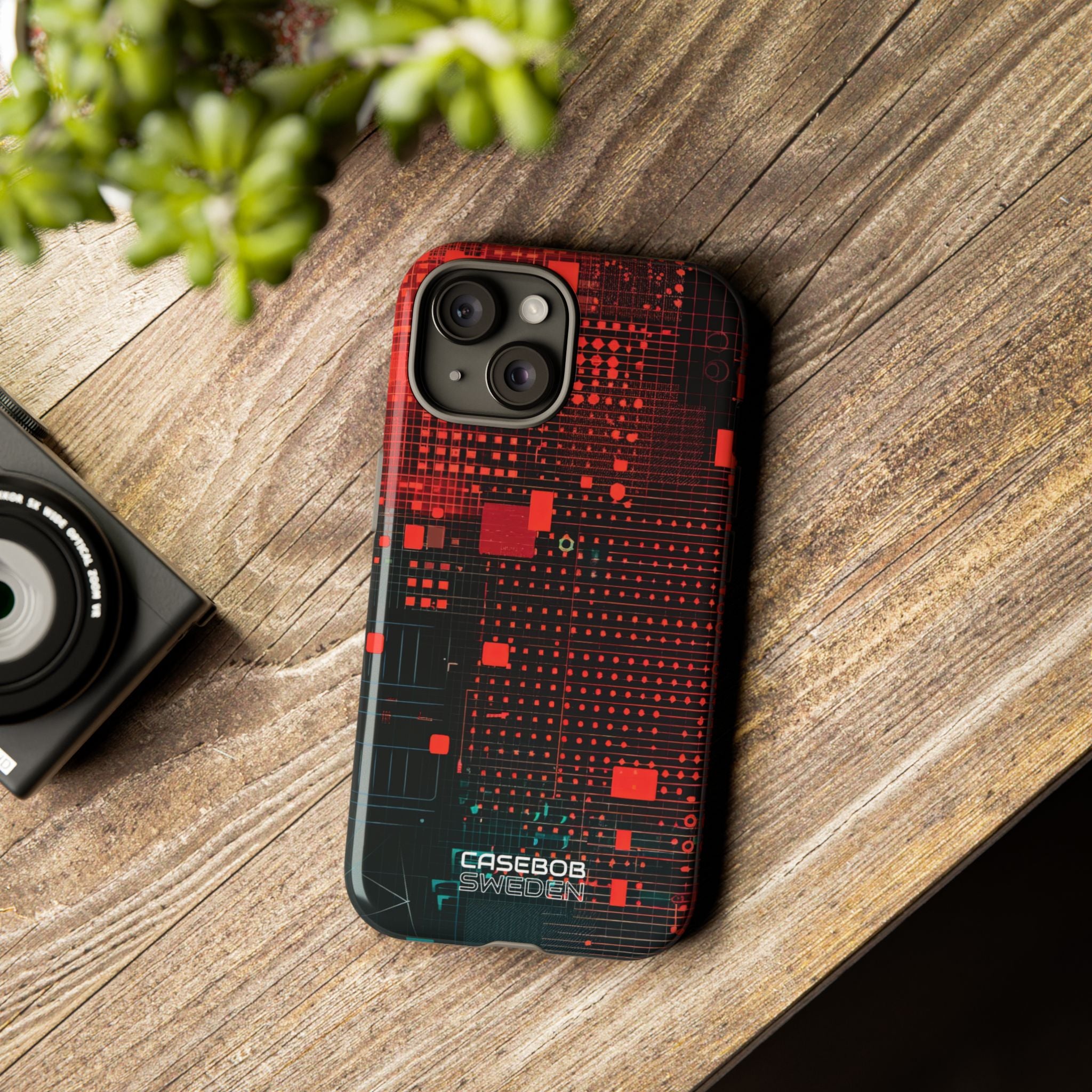 Crimson Circuit Grid iPhone 15 - Tough