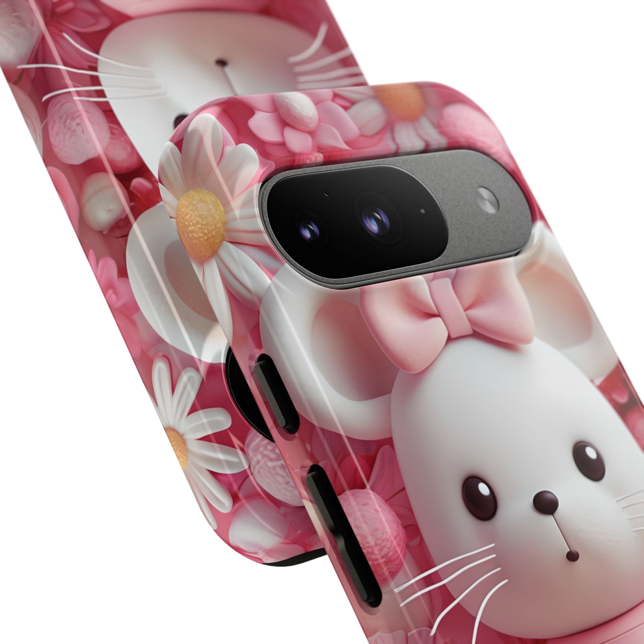 Entzückendes 3D-gerendertes weißes Maus-Plüschtier mit Blumenmuster für Google Pixel 9 – Robust