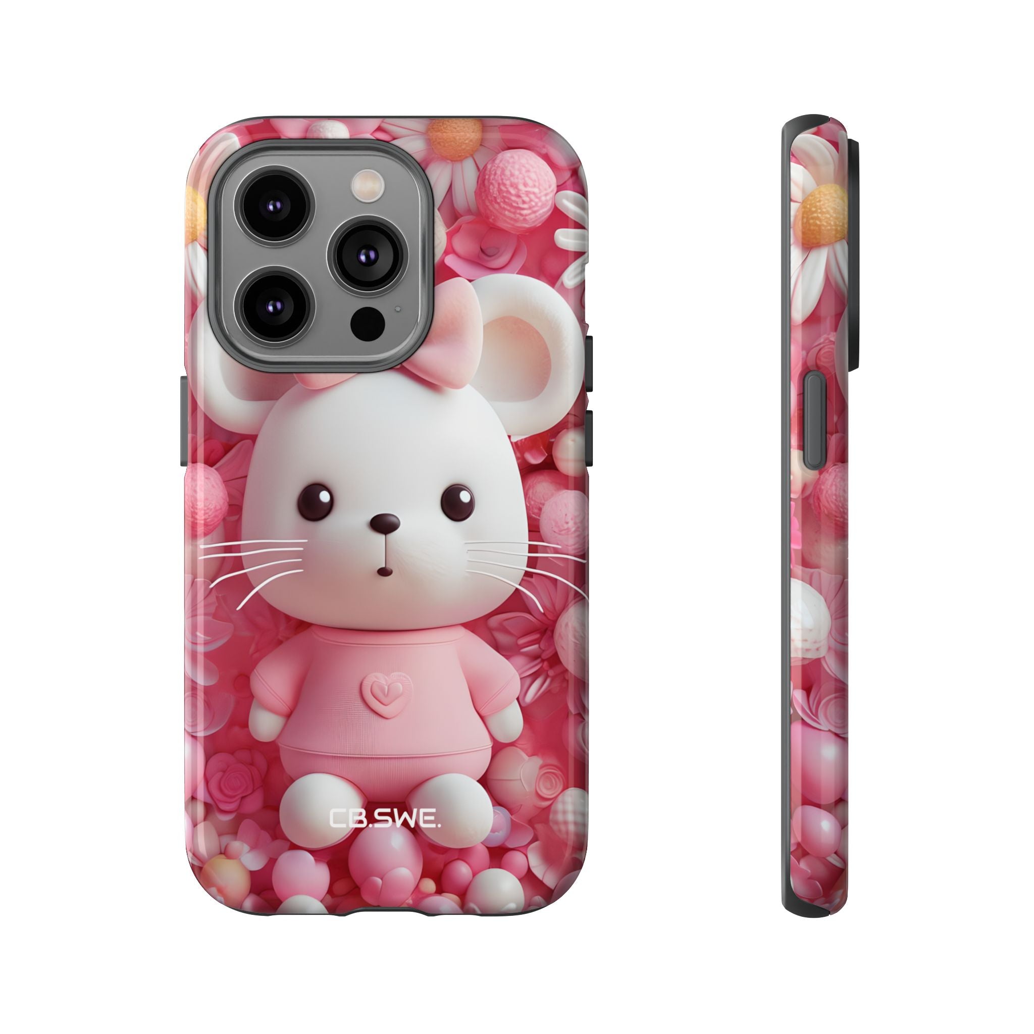 Adorable 3D Rendered White Mouse Plush Toy Floral iPhone 14 - Tough