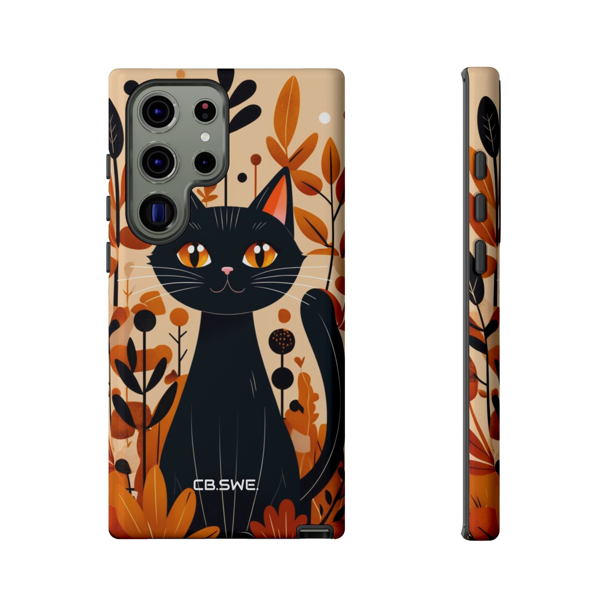 Whimsical Cartoon Black Cat Surrounded by Stylized Plants Mobile Wallpaper Samsung S23 - Tough