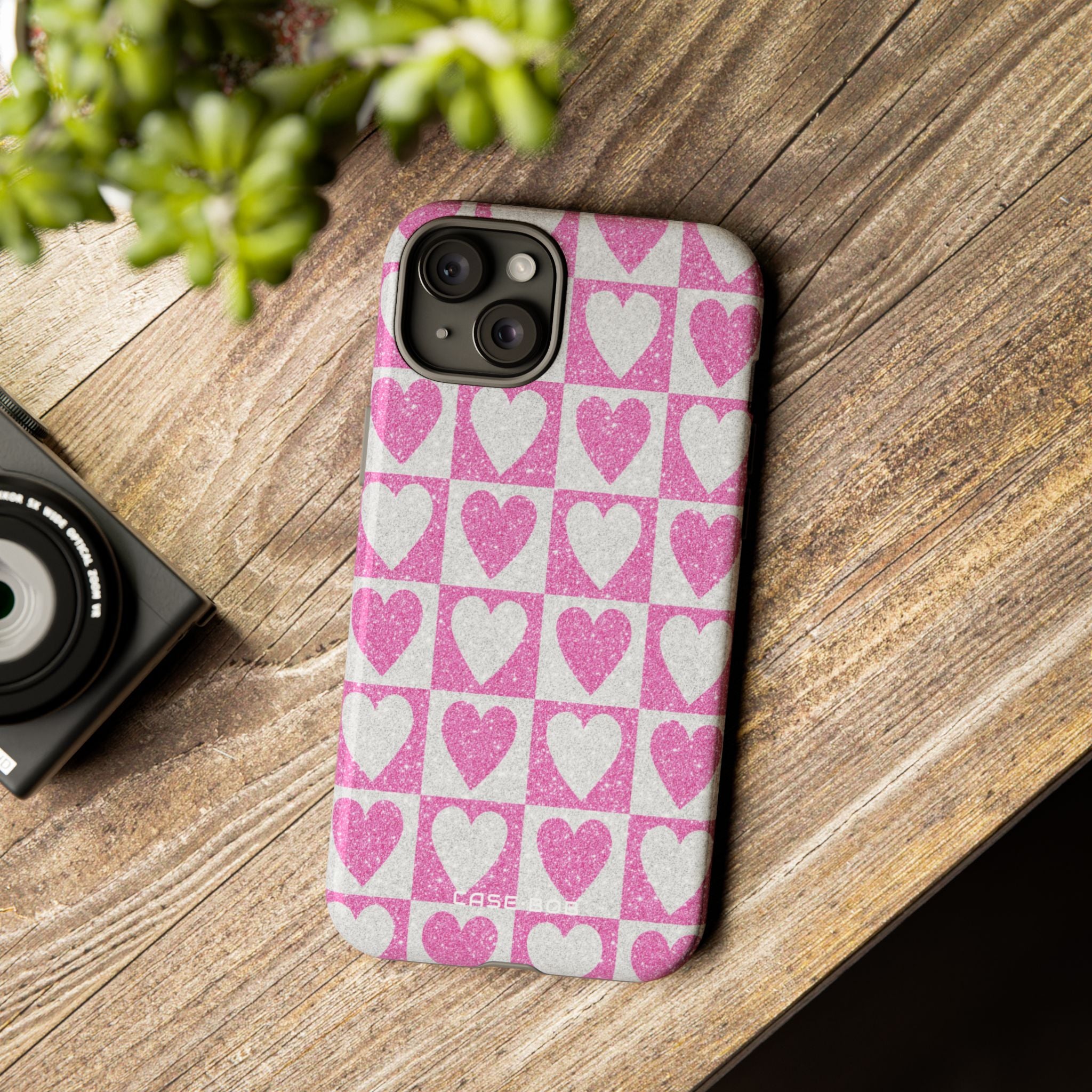 Glitter Heart Grid iPhone 15 Plus Case - Tough