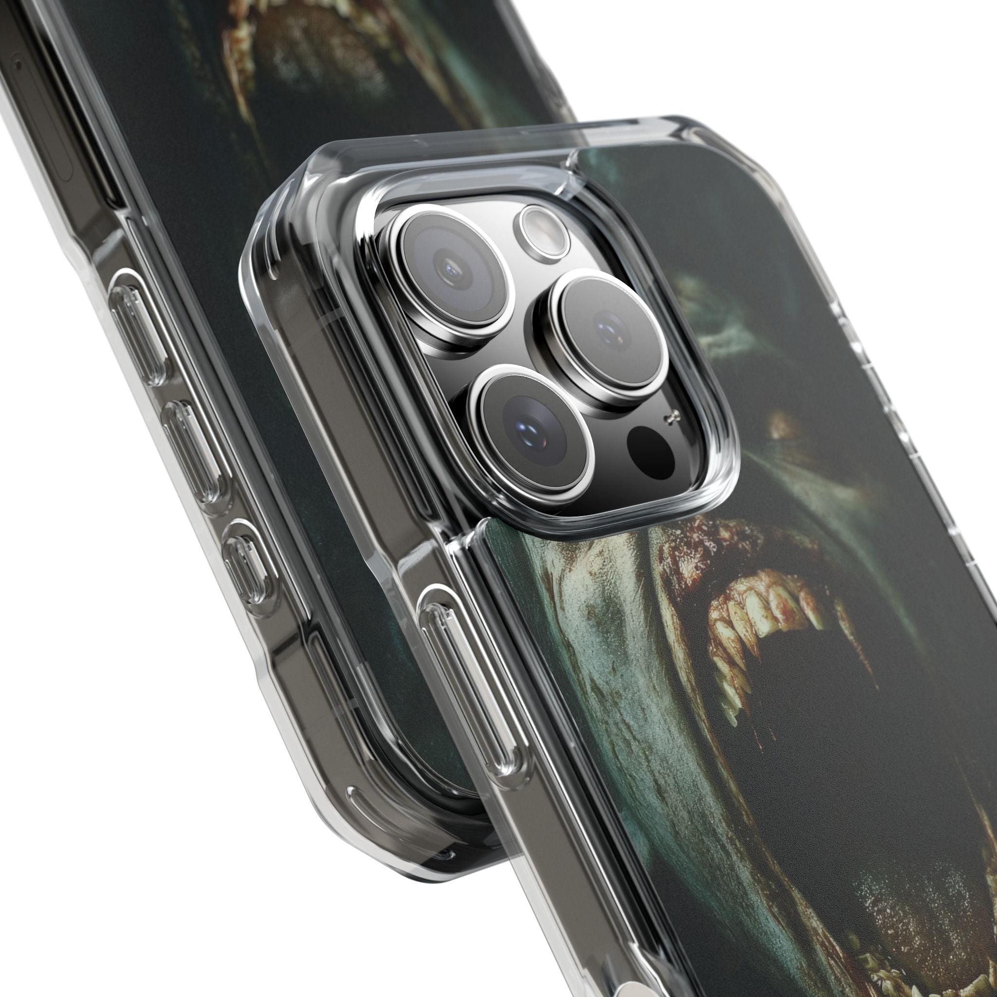 Ein Zombie mit scharfen Zähnen und offenem Mund, der Vampir zeigt. iPhone 16 – Impact Clear+