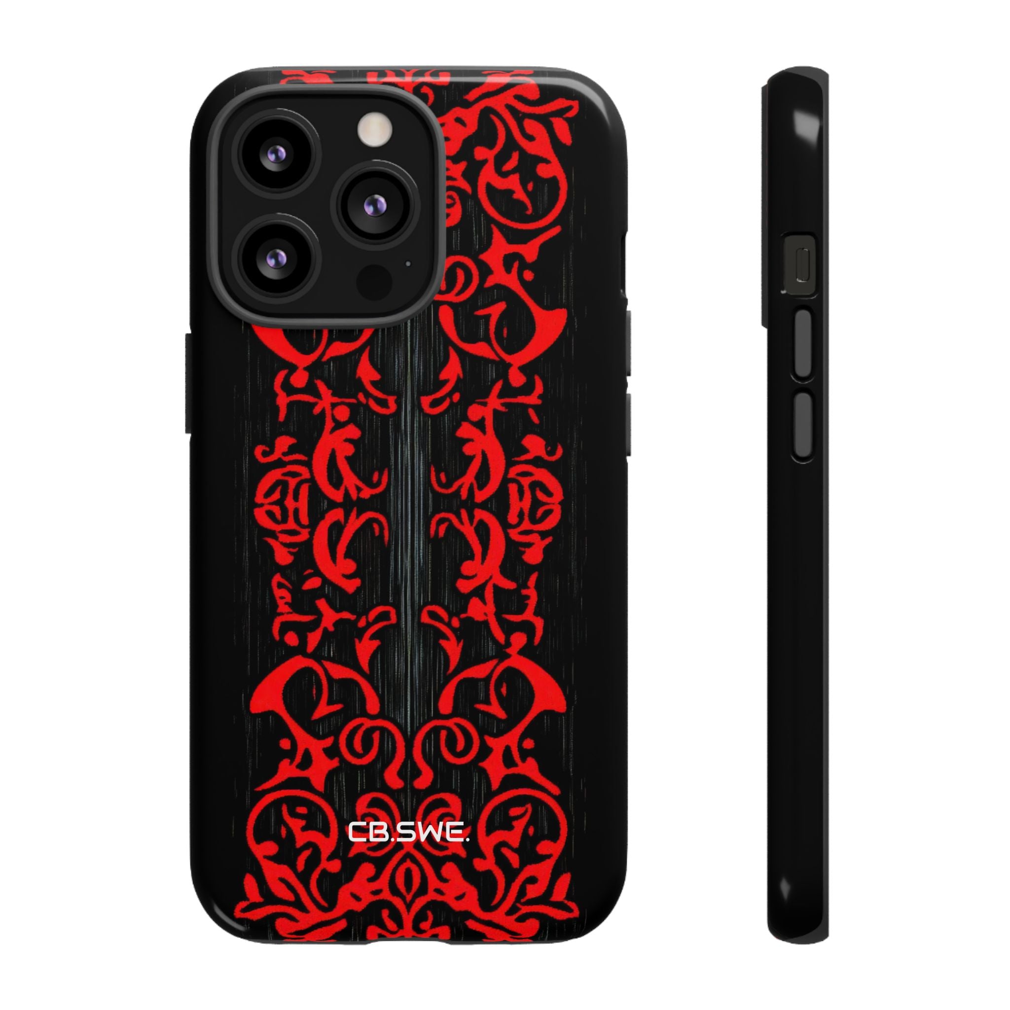Red symmetrical tribal filigree line iPhone 13 - Tough