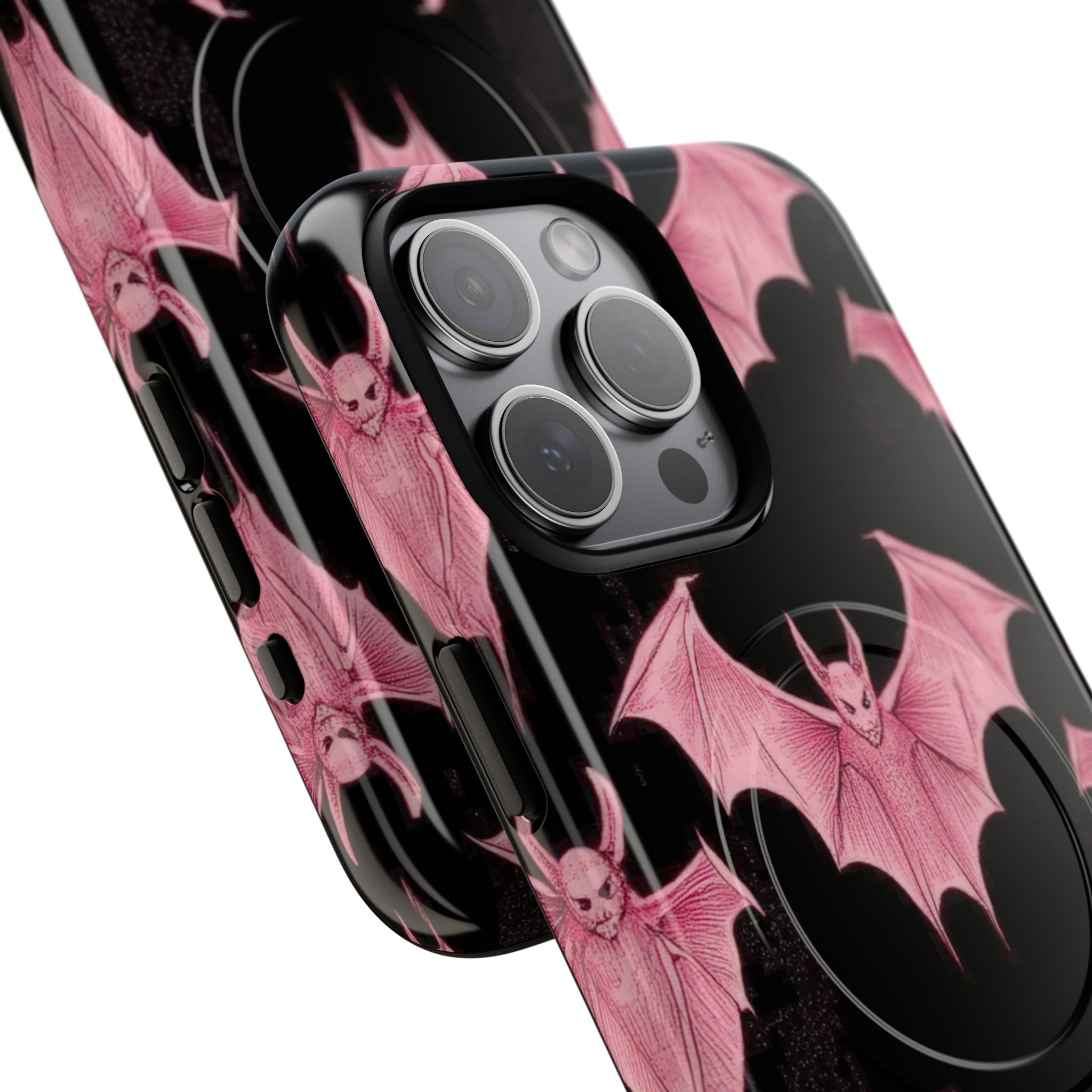 Pink Bat on Black Symmetrical iPhone 15 - Tough+