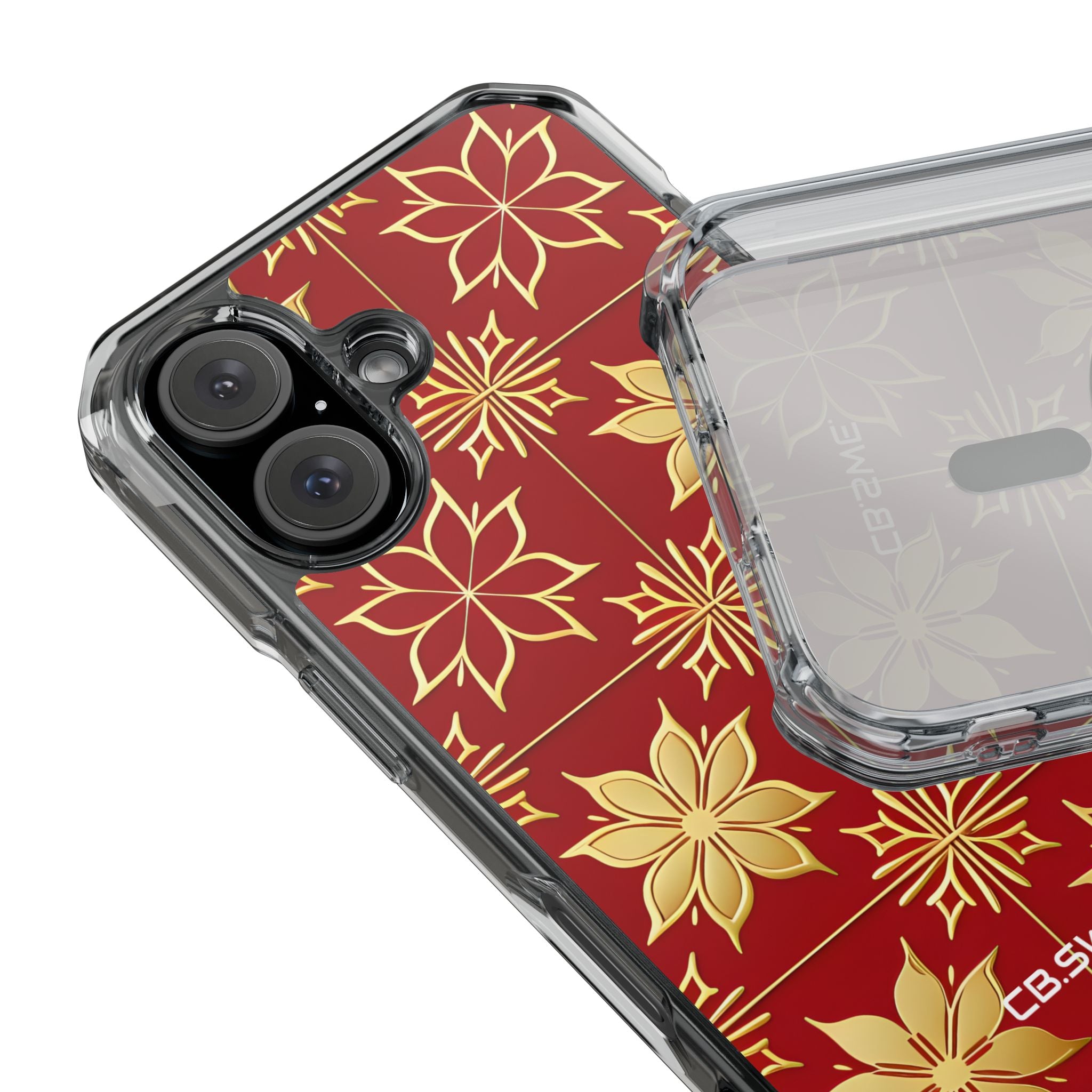 Elegantes Gold Blumenmuster nahtloses Rich Red iPhone 16 - Impact Clear+