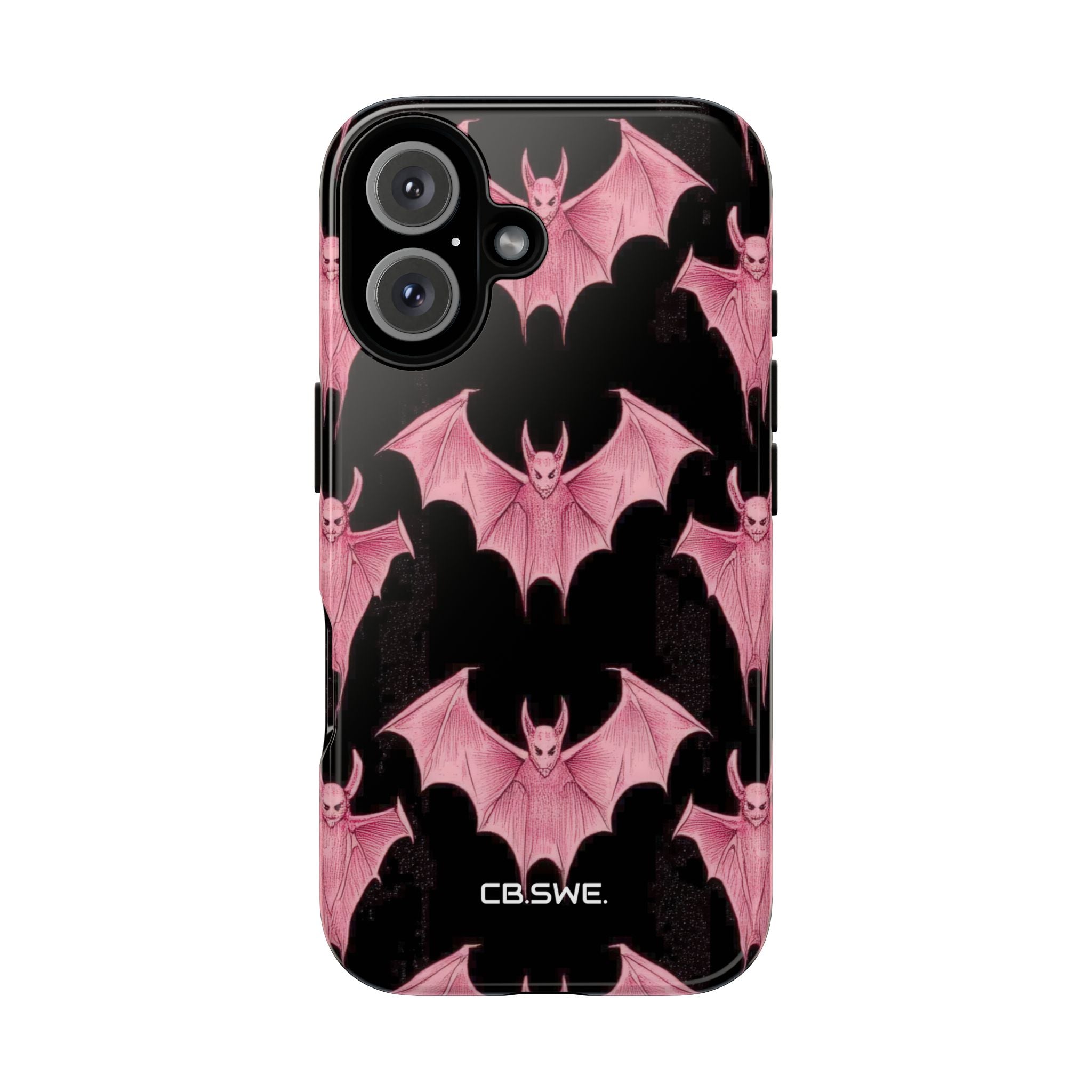 Pink Bat on Black Symmetrical iPhone 16 - Tough