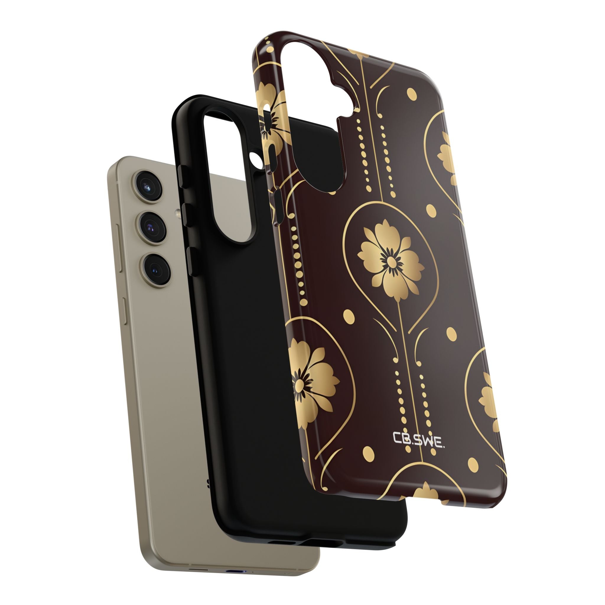 Elegant Gold Floral Symmetrical on Dark Brown Samsung S24 - Tough