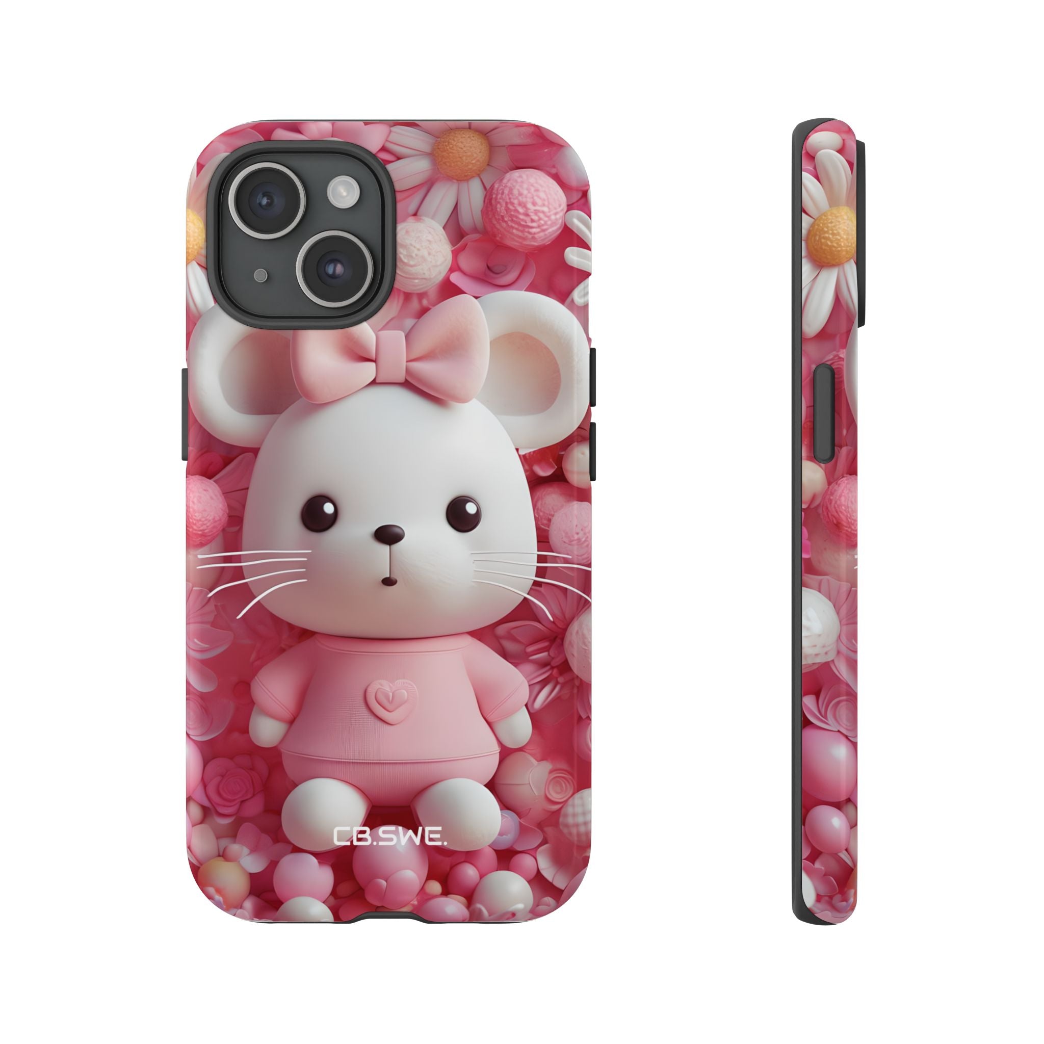 Adorable 3D Rendered White Mouse Plush Toy Floral iPhone 15 - Tough