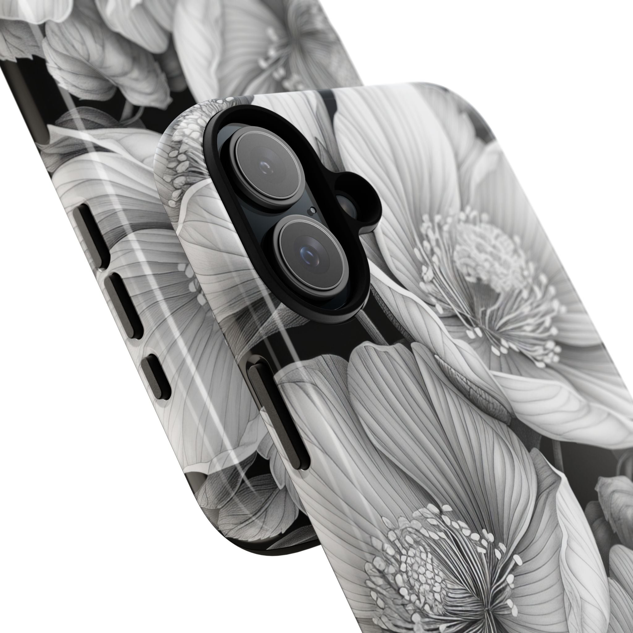Monochrome Petal Dance iPhone 16 - Tough