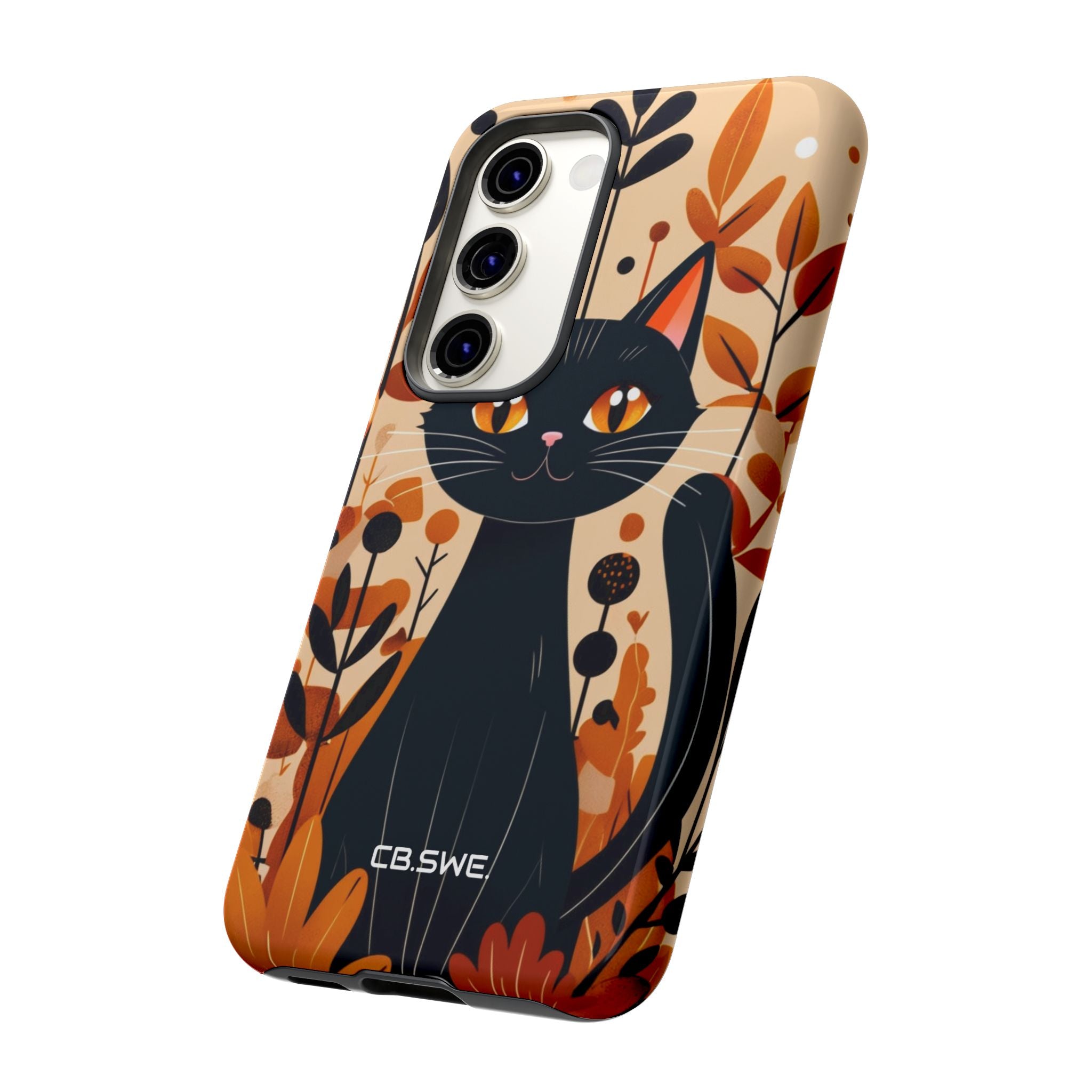 Whimsical Cartoon Black Cat Surrounded by Stylized Plants Mobile Wallpaper Samsung S23 - Tough