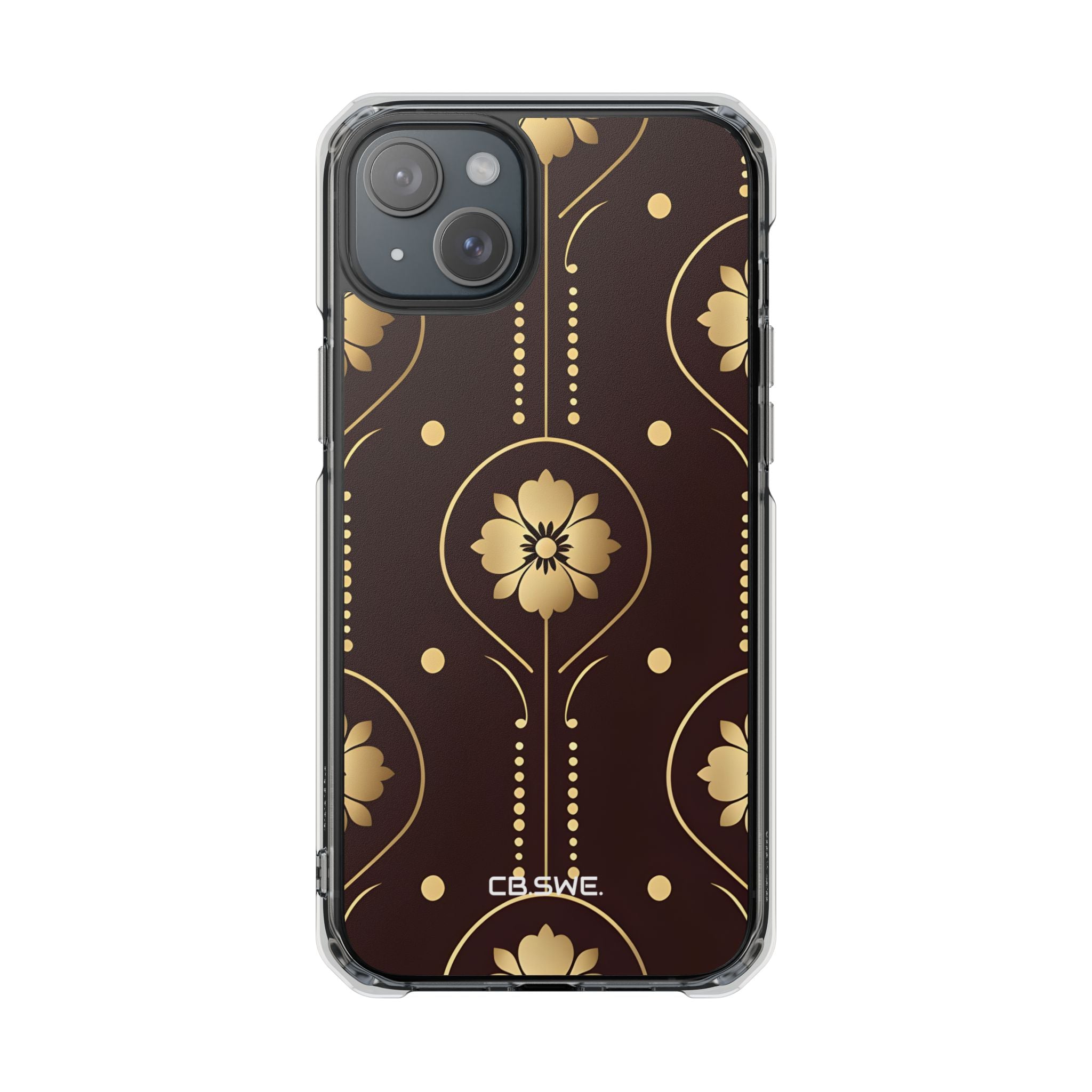 Elegant Gold Floral Symmetrical on Dark Brown iPhone 15 - Impact Clear+