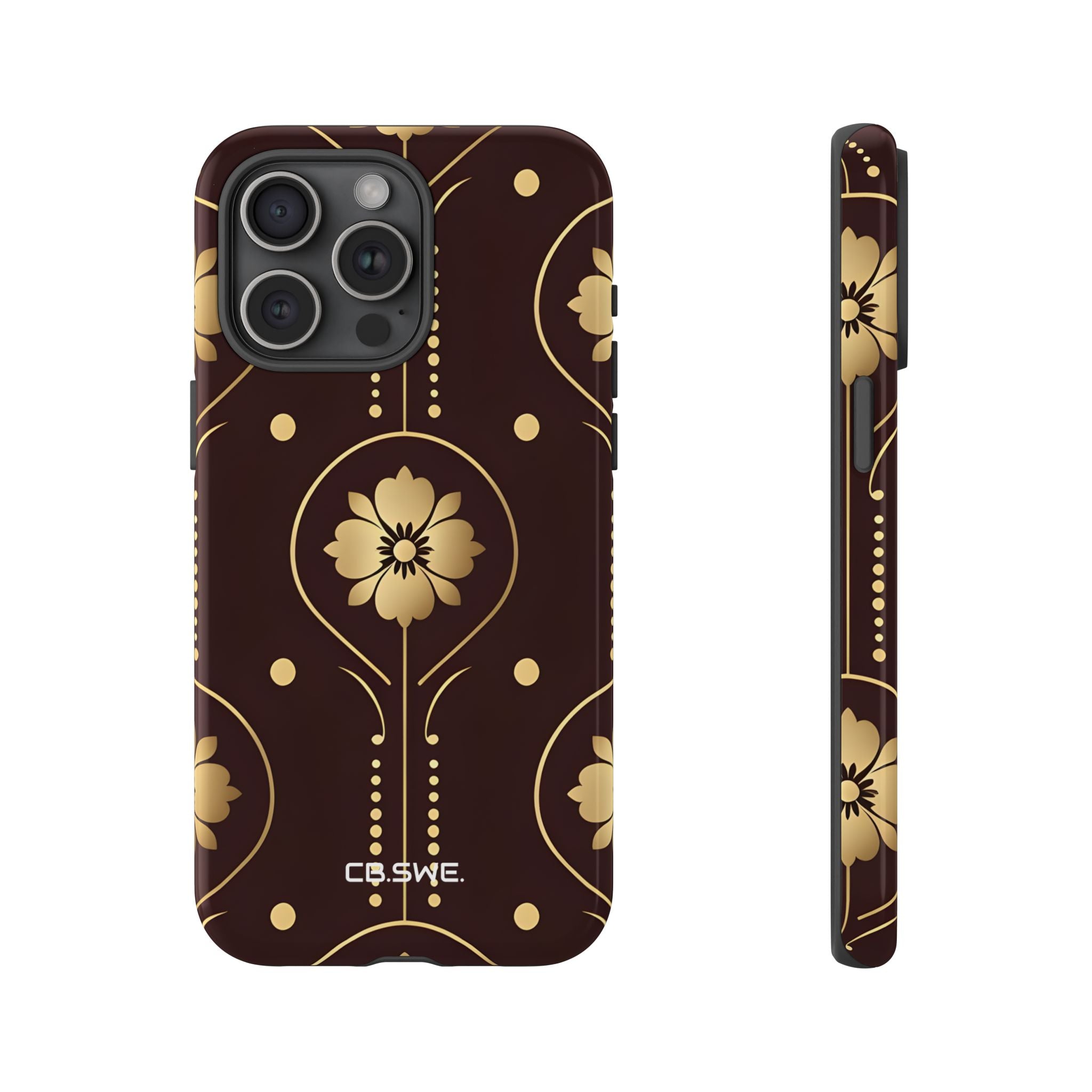 Elegante floral dorado simétrico en marrón oscuro para iPhone 15 - Tough