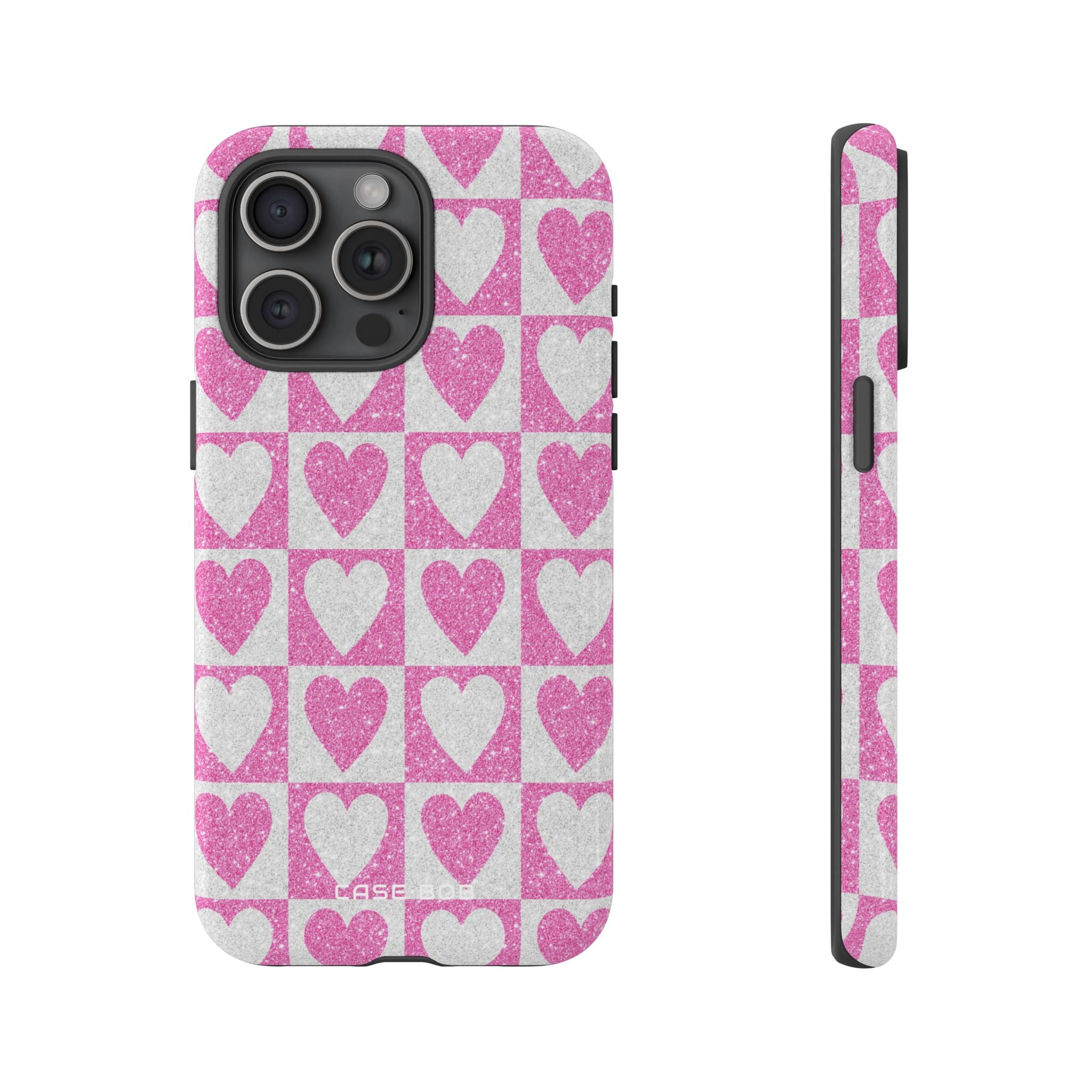 Glitter Heart Grid iPhone 15 Pro Max Case - Tough