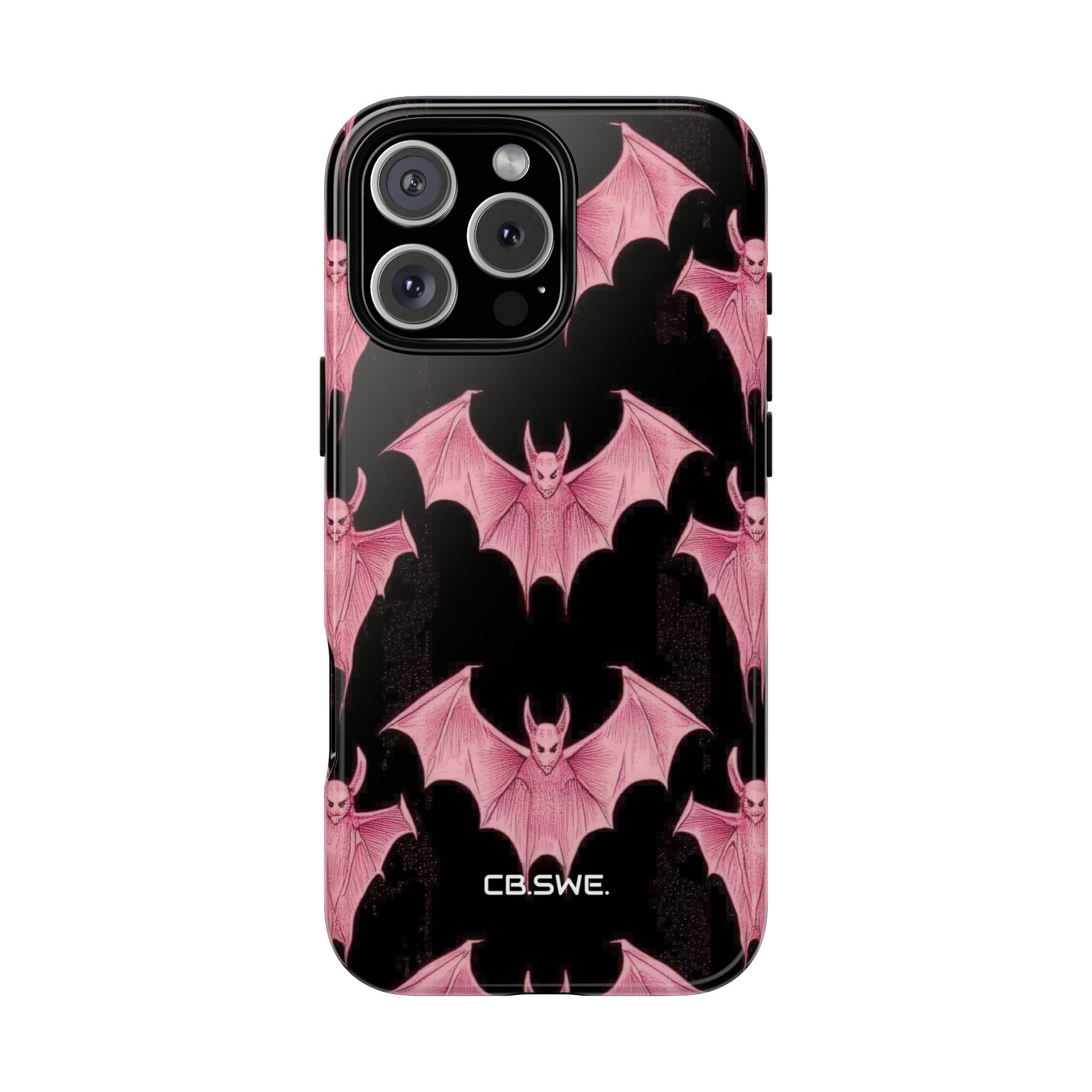 Pink Bat on Black Symmetrical iPhone 16 - Tough