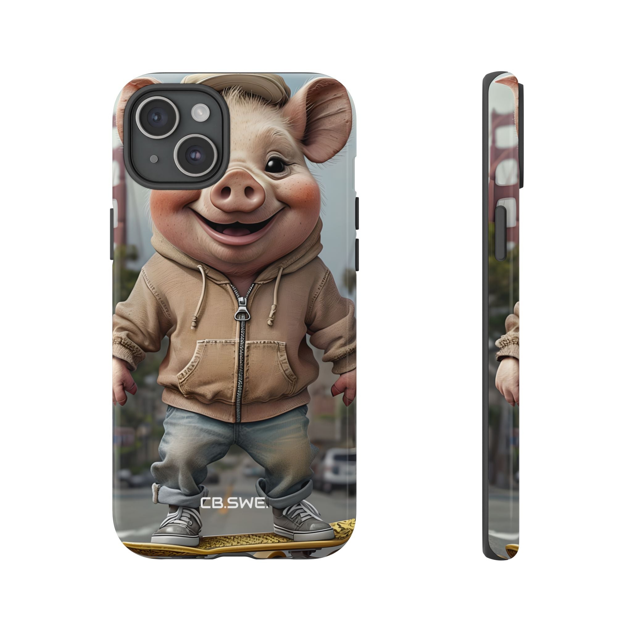 Playful Anthropomorphic Pig Skateboarding Illustration Art iPhone 15 - Tough