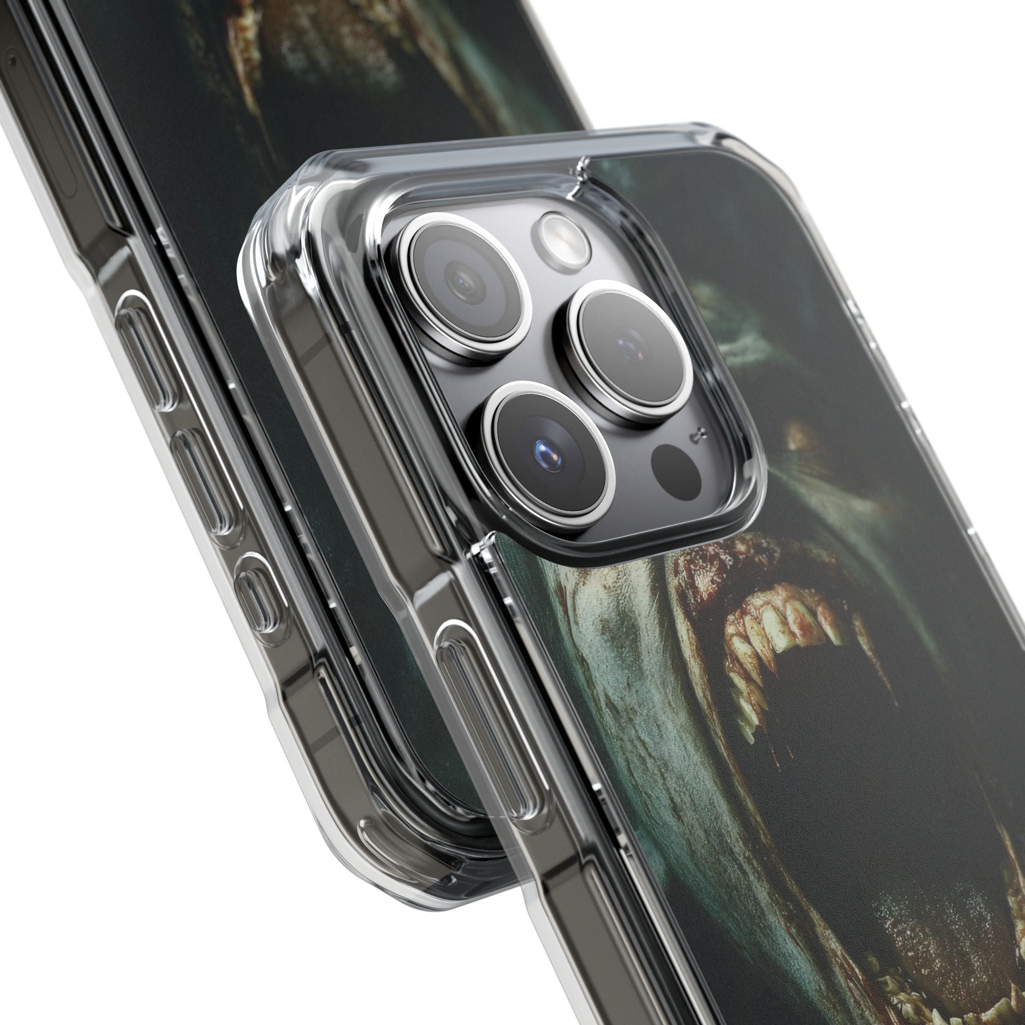 Ein Zombie mit scharfen Zähnen und offenem Mund, der Vampir zeigt. iPhone 15 – Impact Clear+