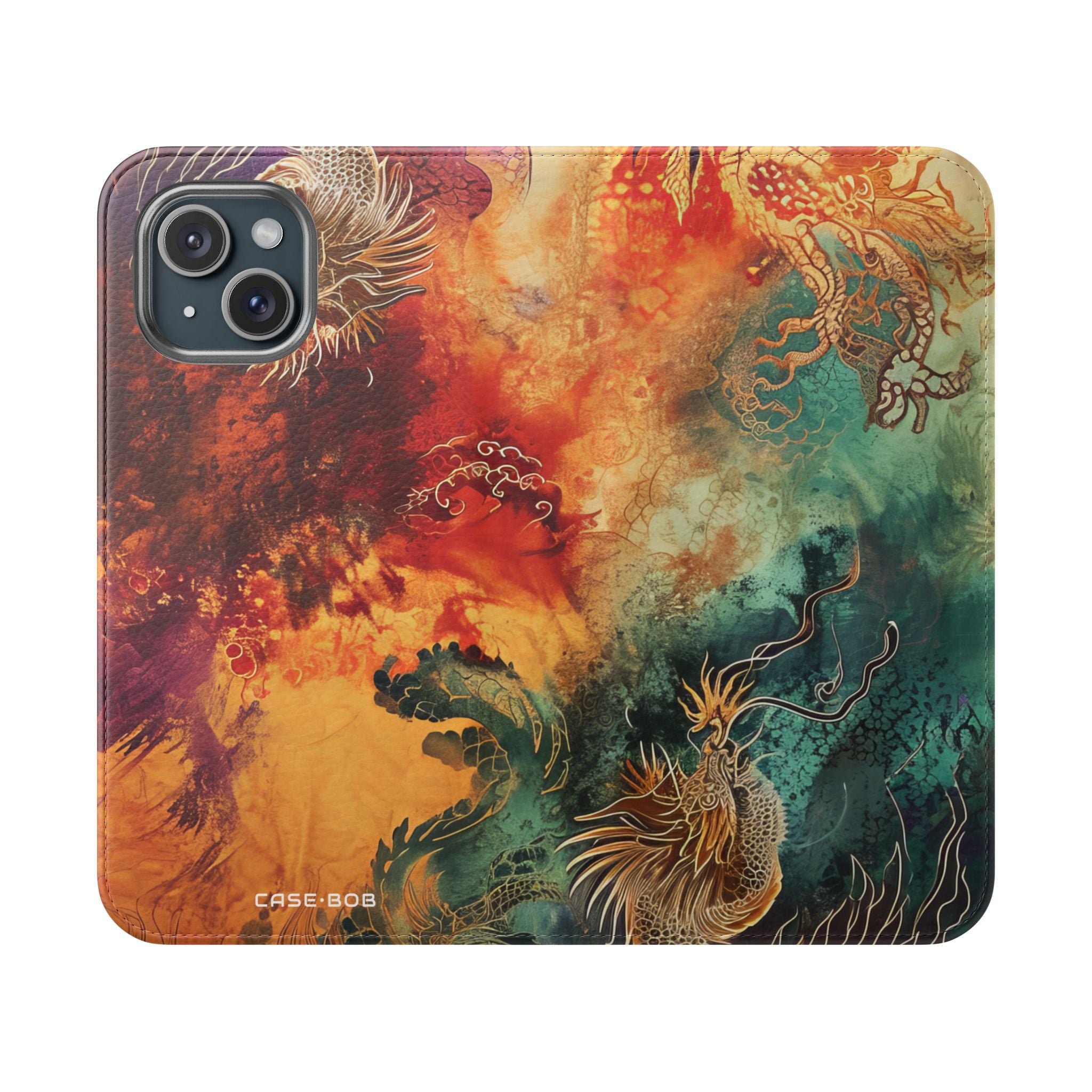 Kultaiset lohikäärmeet liekeissä - iPhone 15 -case - lompakkotaskulla