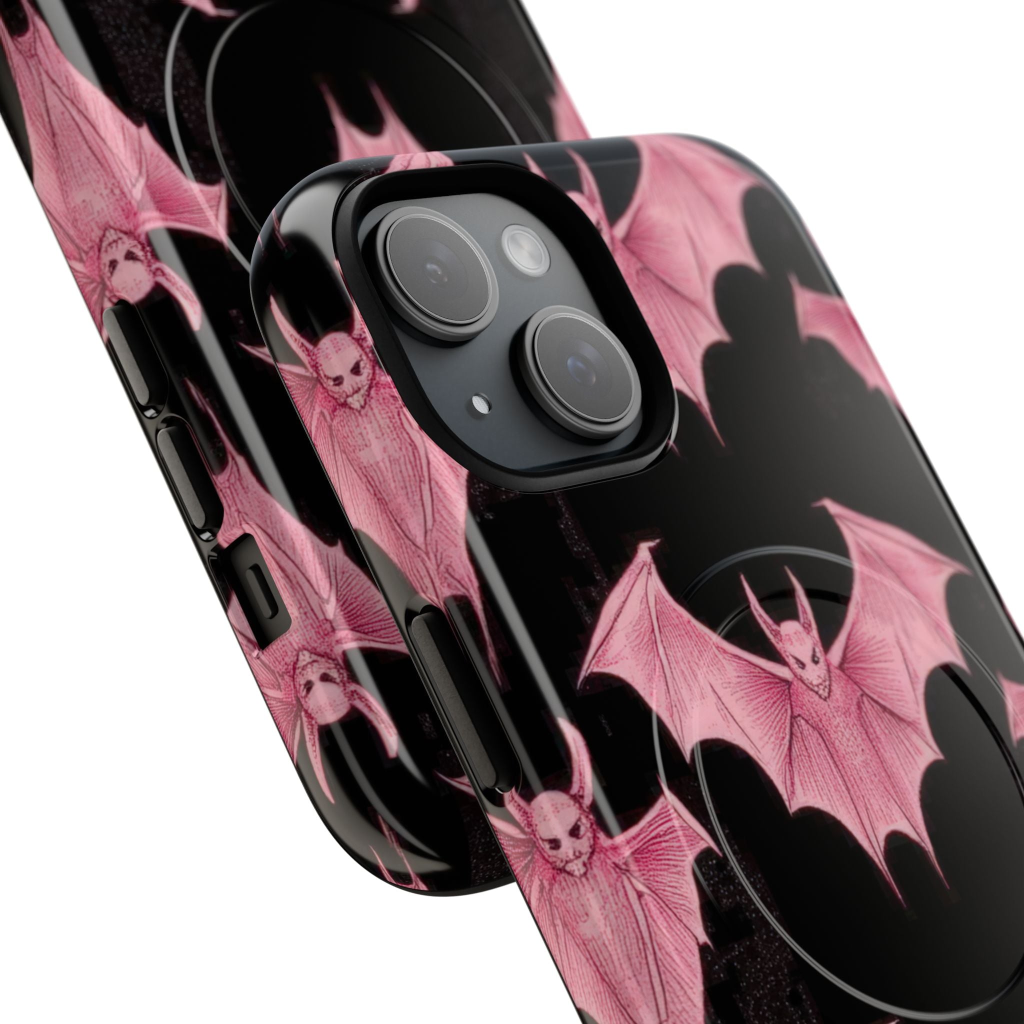 Pink Bat on Black Symmetrical iPhone 15 - Tough+