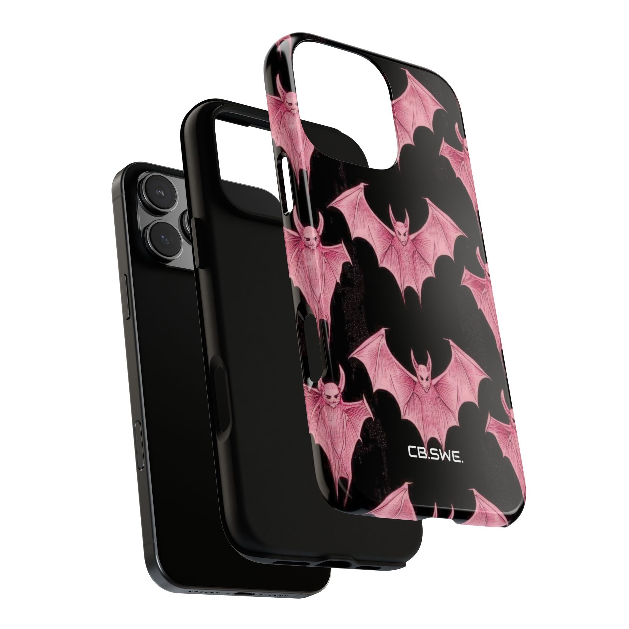 Pink Bat on Black Symmetrical iPhone 16 - Tough