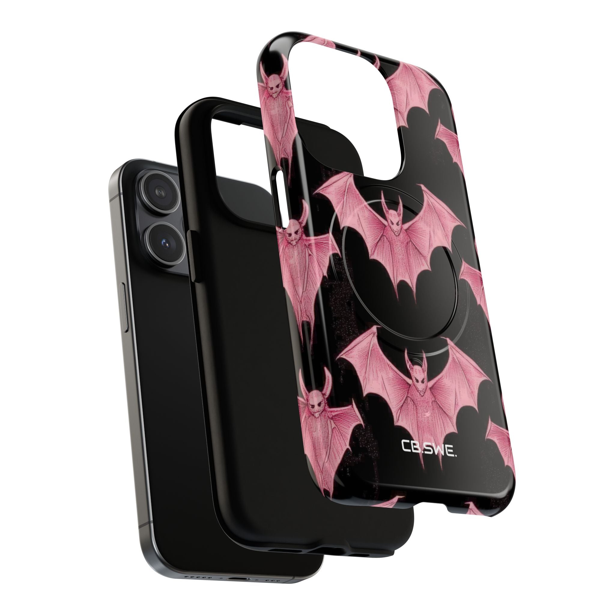 Pink Bat on Black Symmetrical iPhone 15 - Tough+