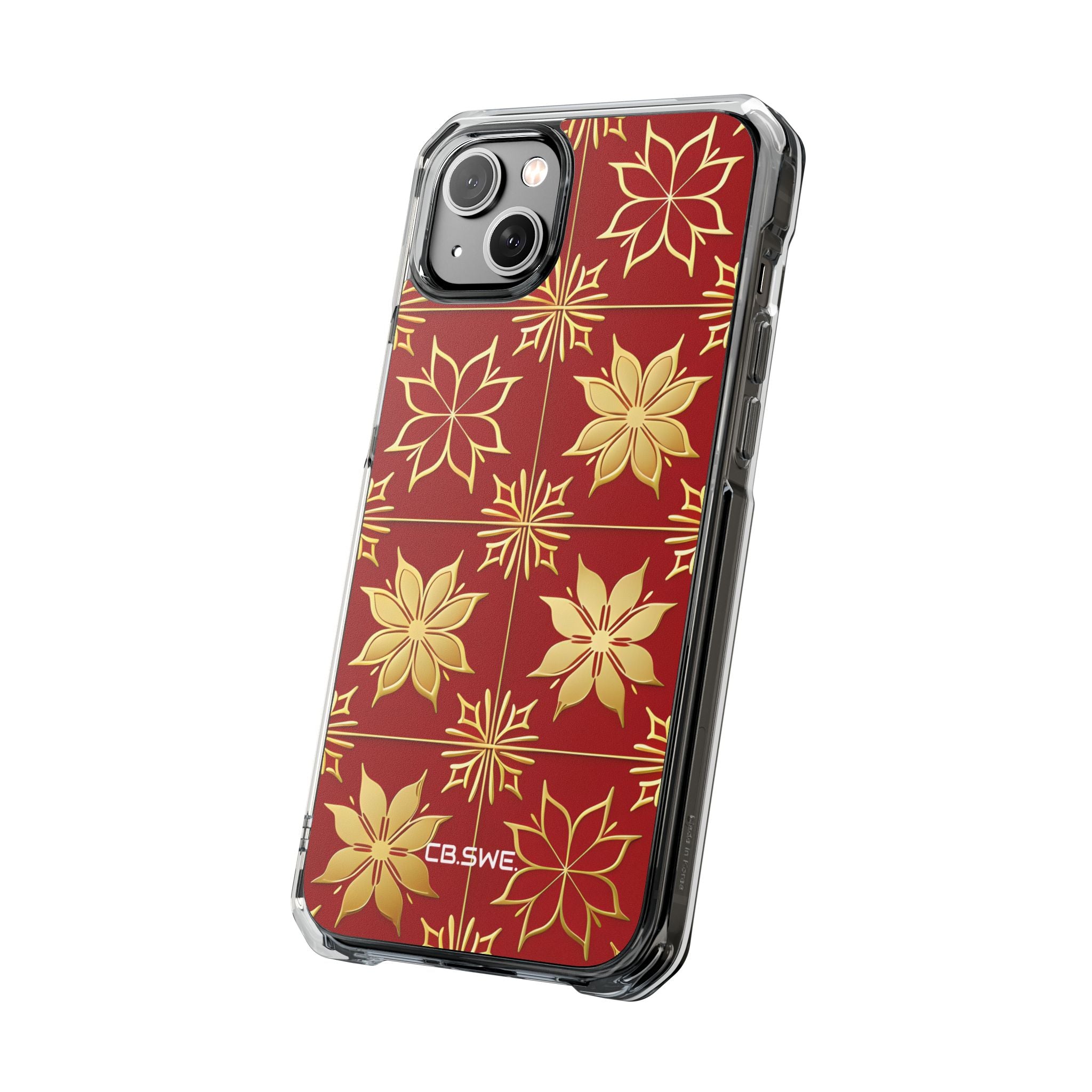 Elegantes Gold Floral Seamless Rich Red iPhone 14 - Impact Clear+