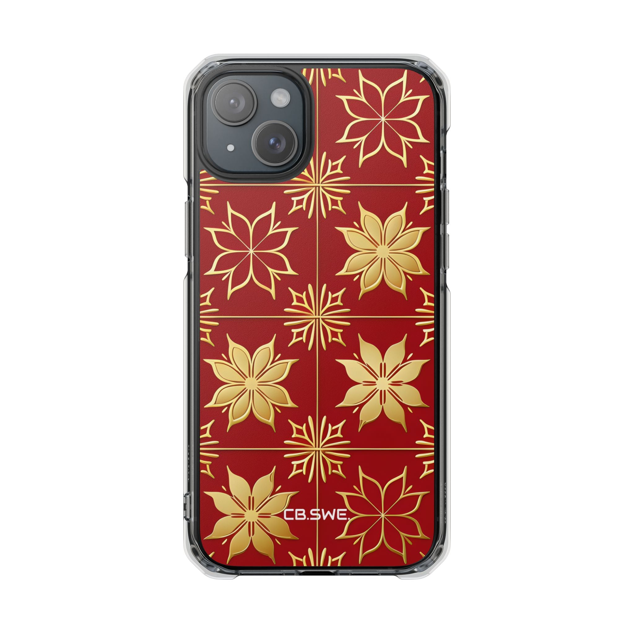 Elegantes Gold Floral Seamless Rich Red iPhone 15 - Impact Clear+