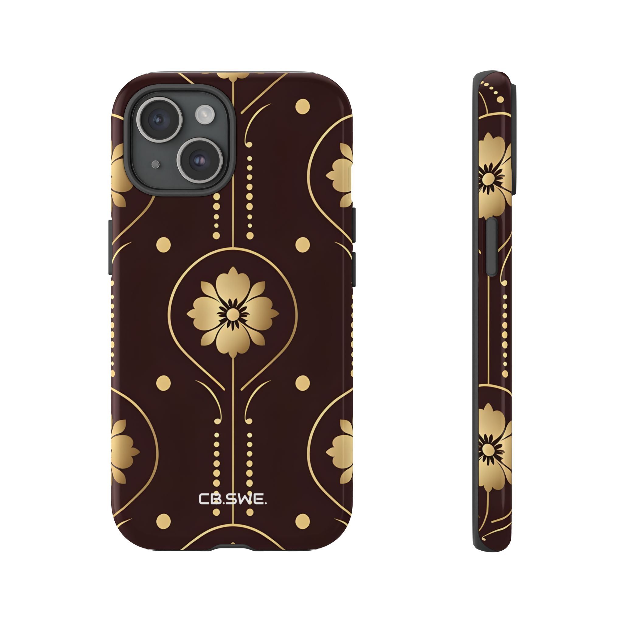Elegante floral dorado simétrico en marrón oscuro para iPhone 15 - Tough
