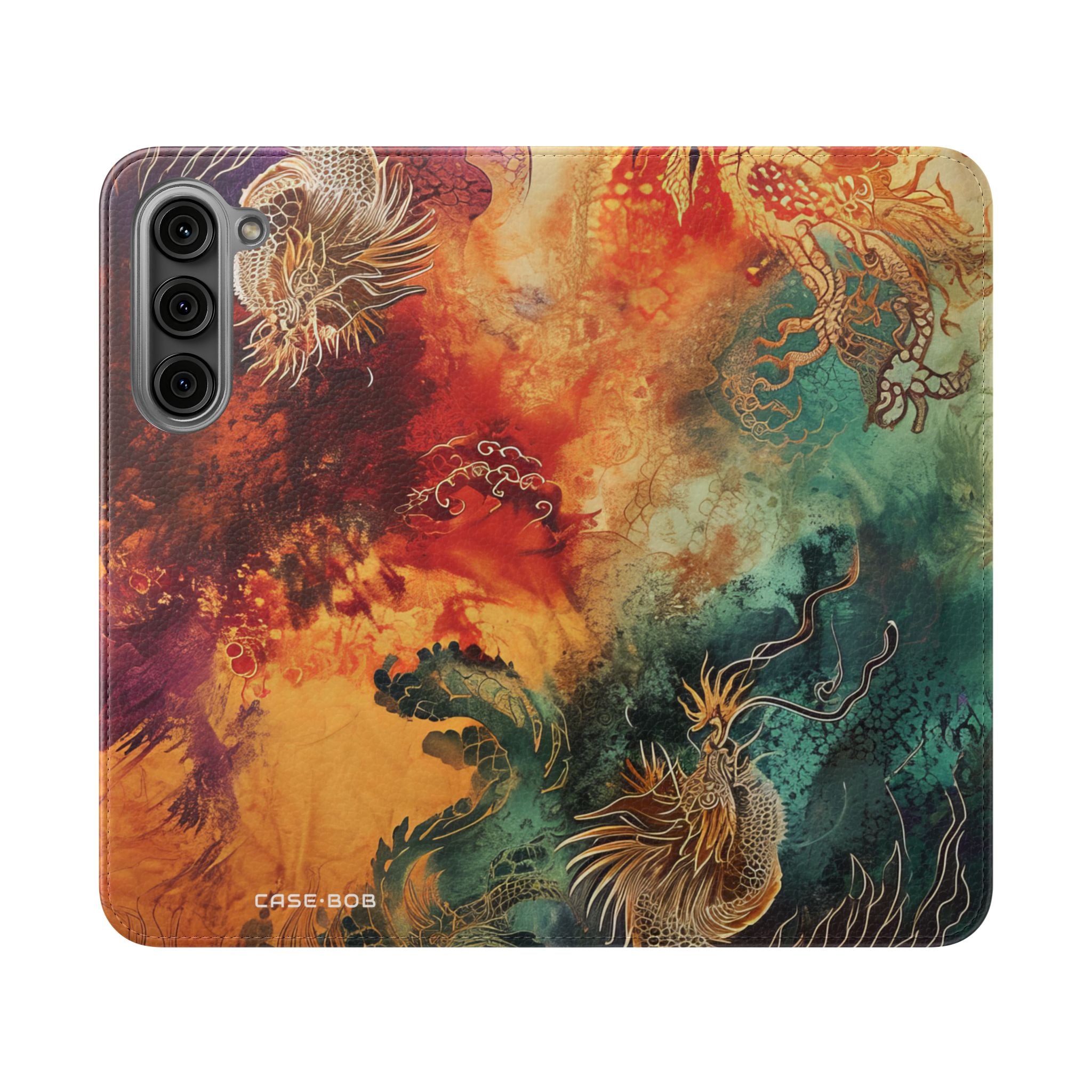 Kultaiset lohikäärmeet liekeissä - Samsung S23+ -puhelimen suojakotelo - lompakkotyyppi