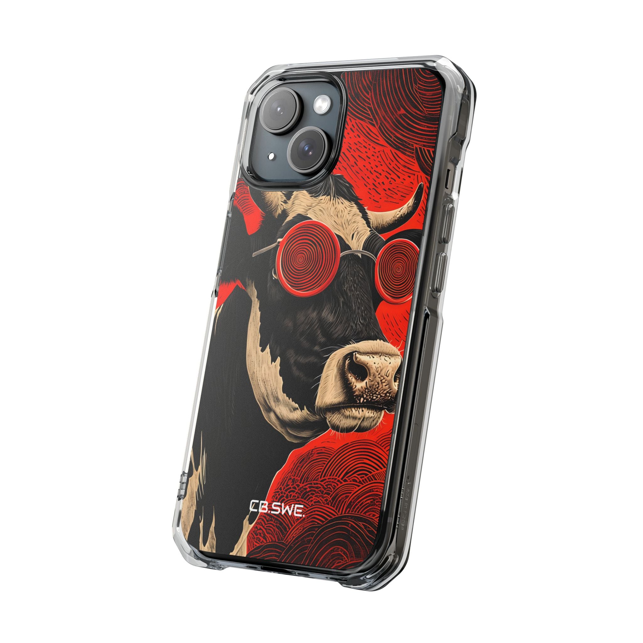 Surreal Black White Cow Red Spiral Sunglasses iPhone 15 - Impact Clear+