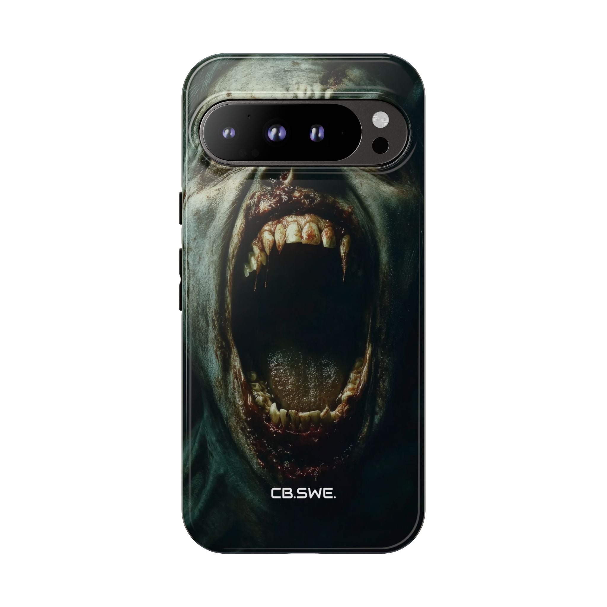 Ein Zombie mit scharfen Zähnen und offenem Mund zeigt Vamp Google Pixel 9 – Robust