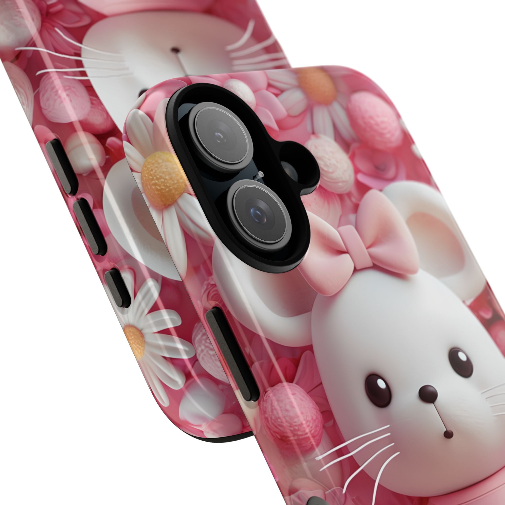 Entzückendes 3D-gerendertes weißes Maus-Plüschtier mit Blumenmuster für iPhone 16 – robust