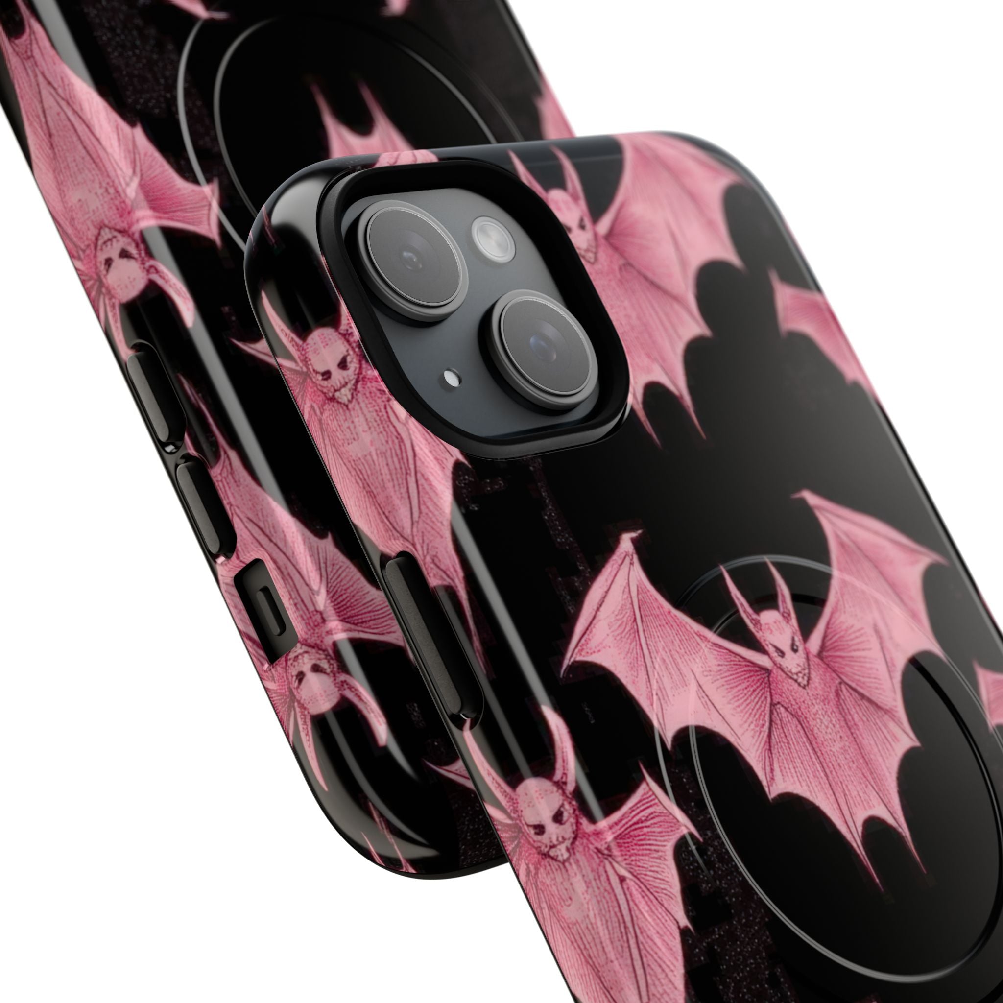 Pink Bat on Black Symmetrical iPhone 15 - Tough+