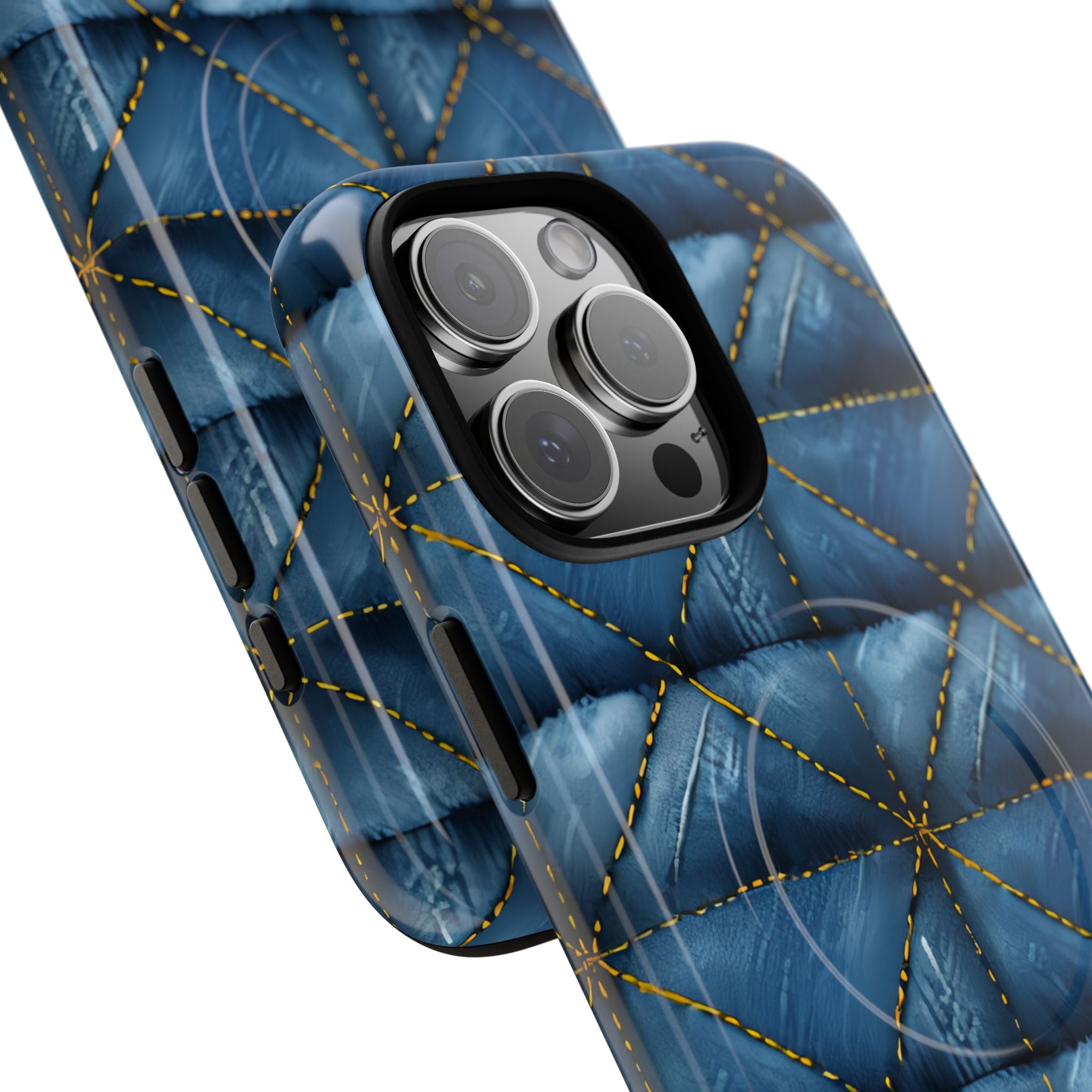 Azul Denim Acolchado con Costuras Amarillas Sin Costuras para iPhone 16 - Tough+