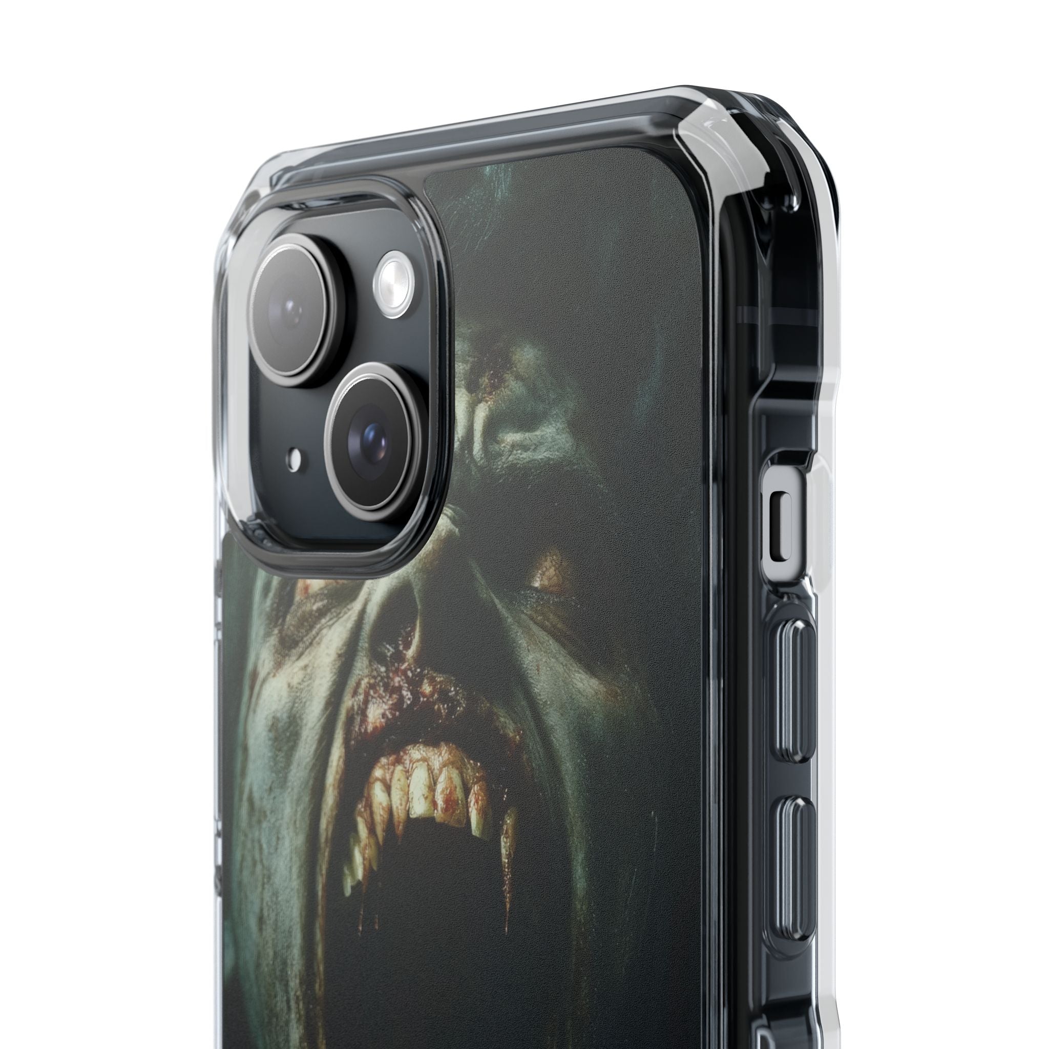 Ein Zombie mit scharfen Zähnen und offenem Mund, der Vampir zeigt. iPhone 15 – Impact Clear+