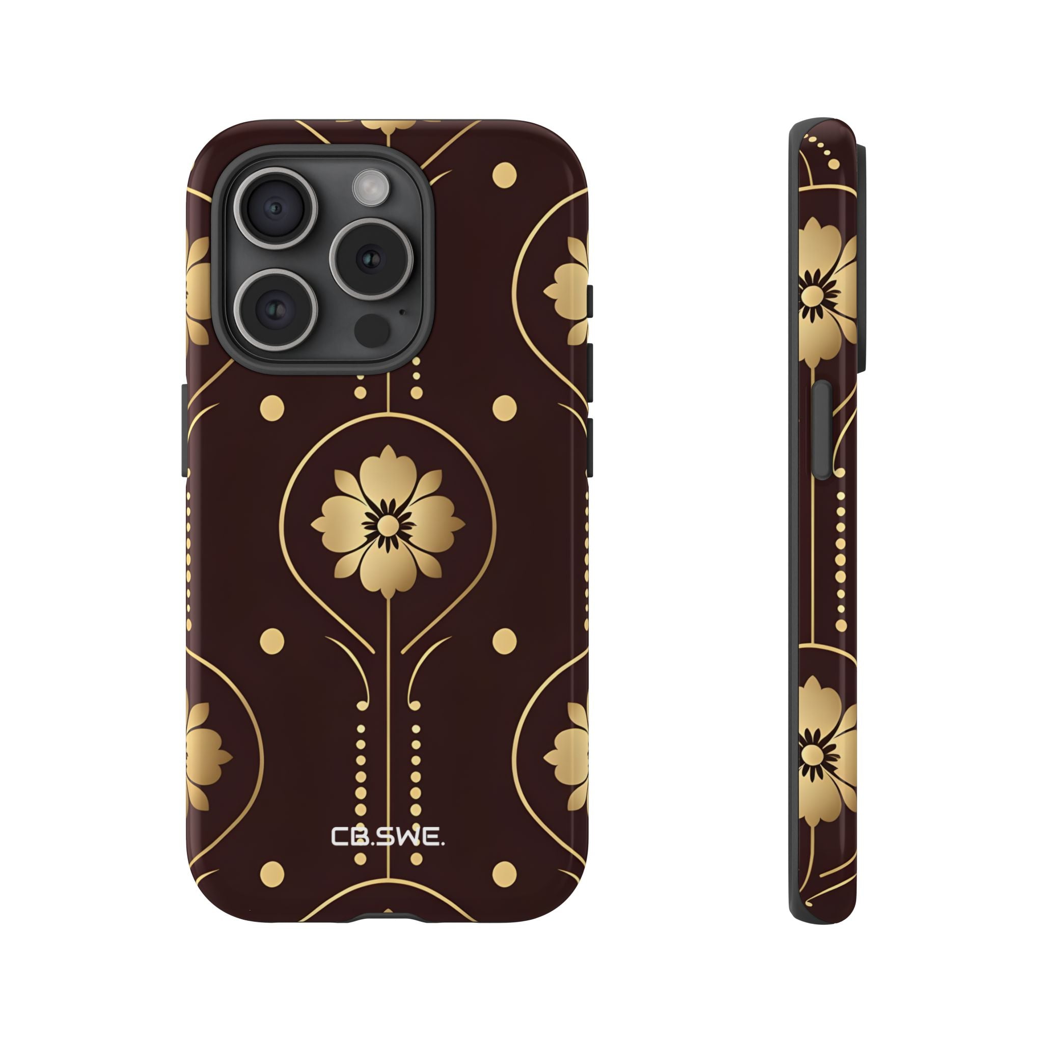 Elegante floral dorado simétrico en marrón oscuro para iPhone 15 - Tough