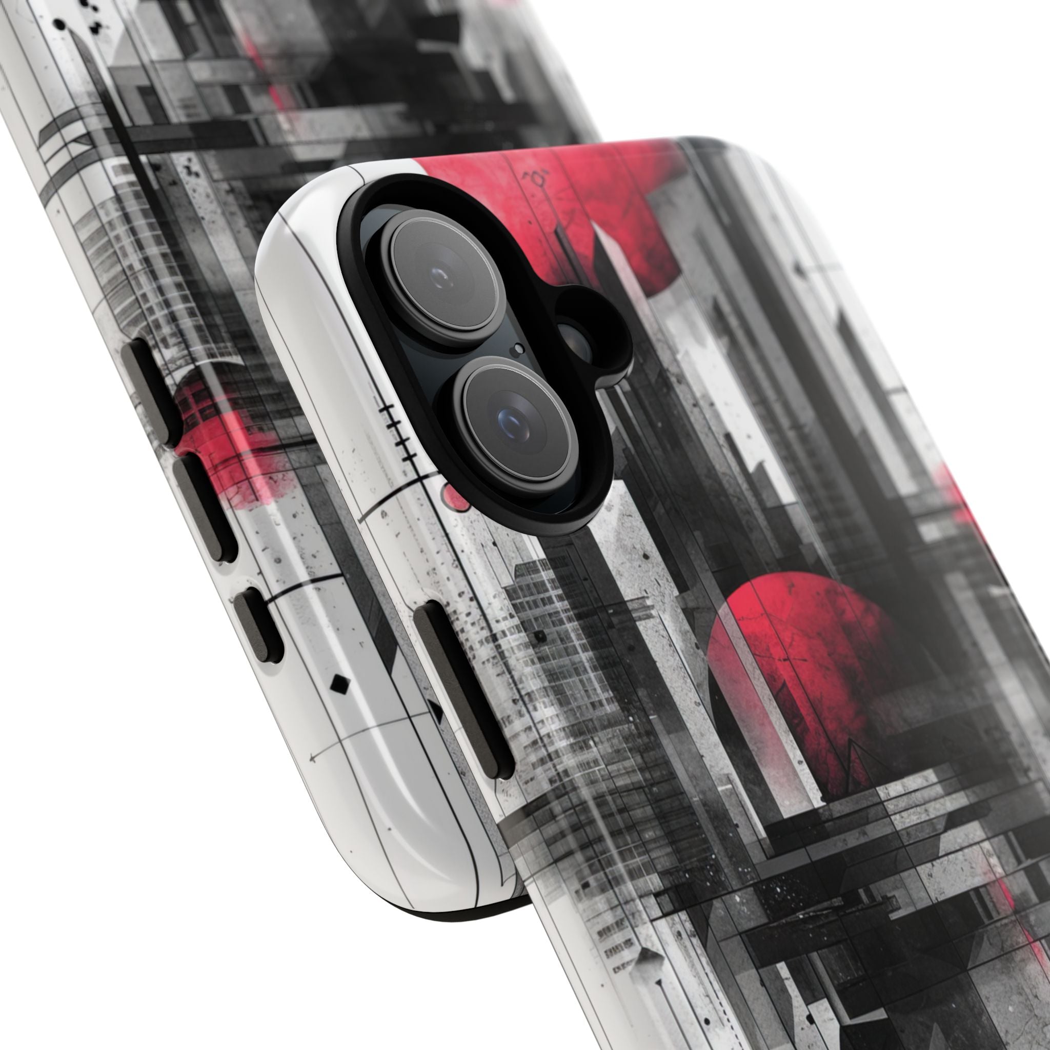 Crimson Gridlines Cityscape iPhone 16 - Tough