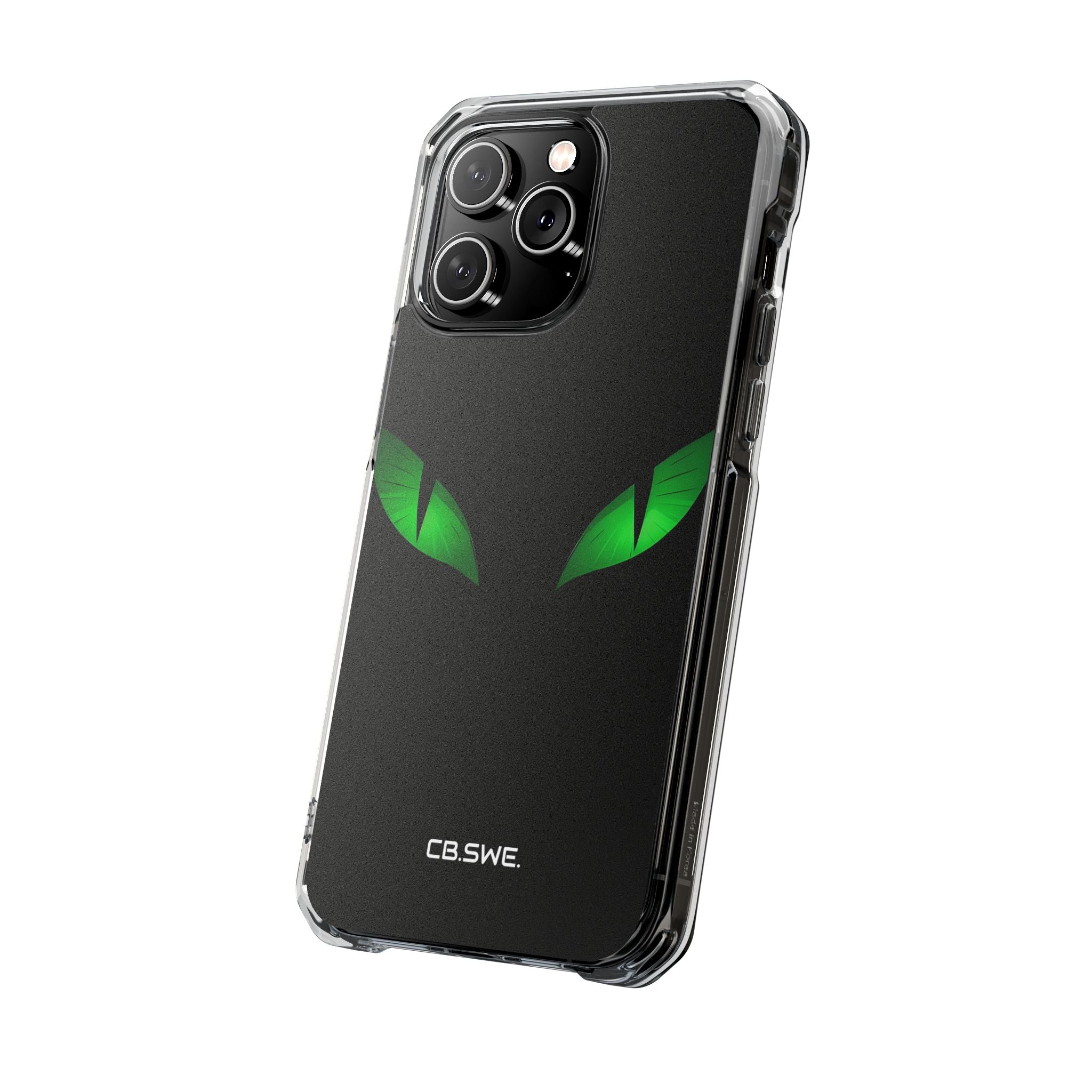Leuchtend grüne Augen auf schwarzem iPhone 14 – Impact Clear+