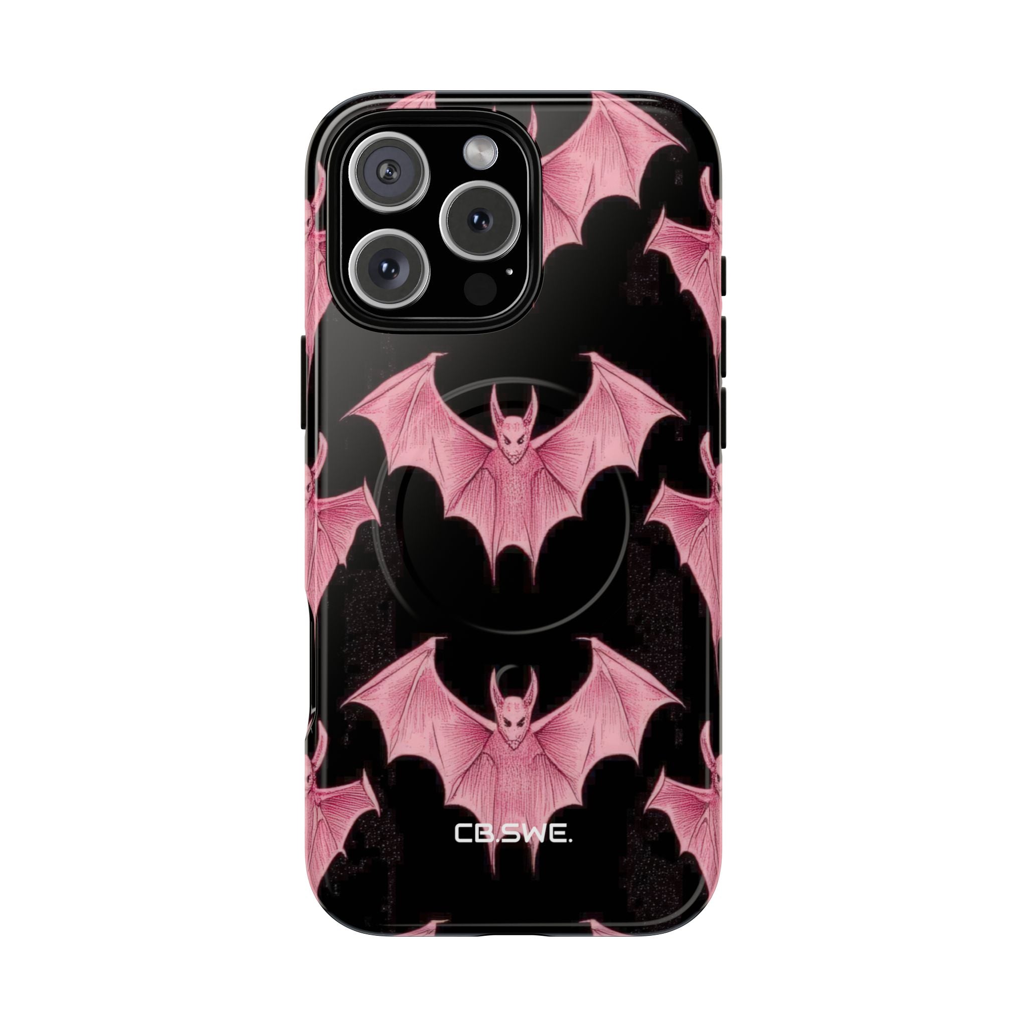 Pink Bat on Black Symmetrical iPhone 16 - Tough+