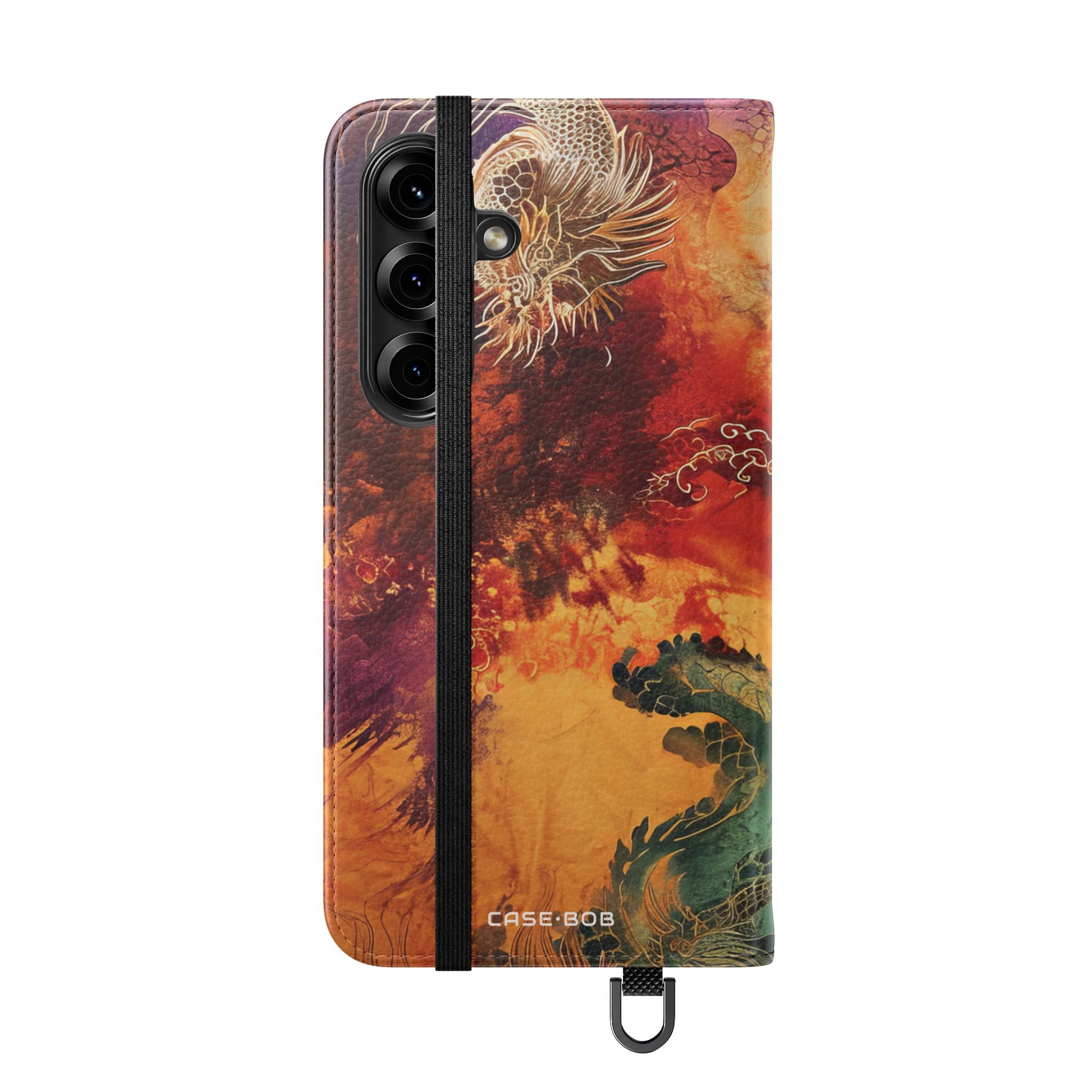 Kultaiset lohikäärmeet liekeissä - Samsung S25 -lompakkokotelo