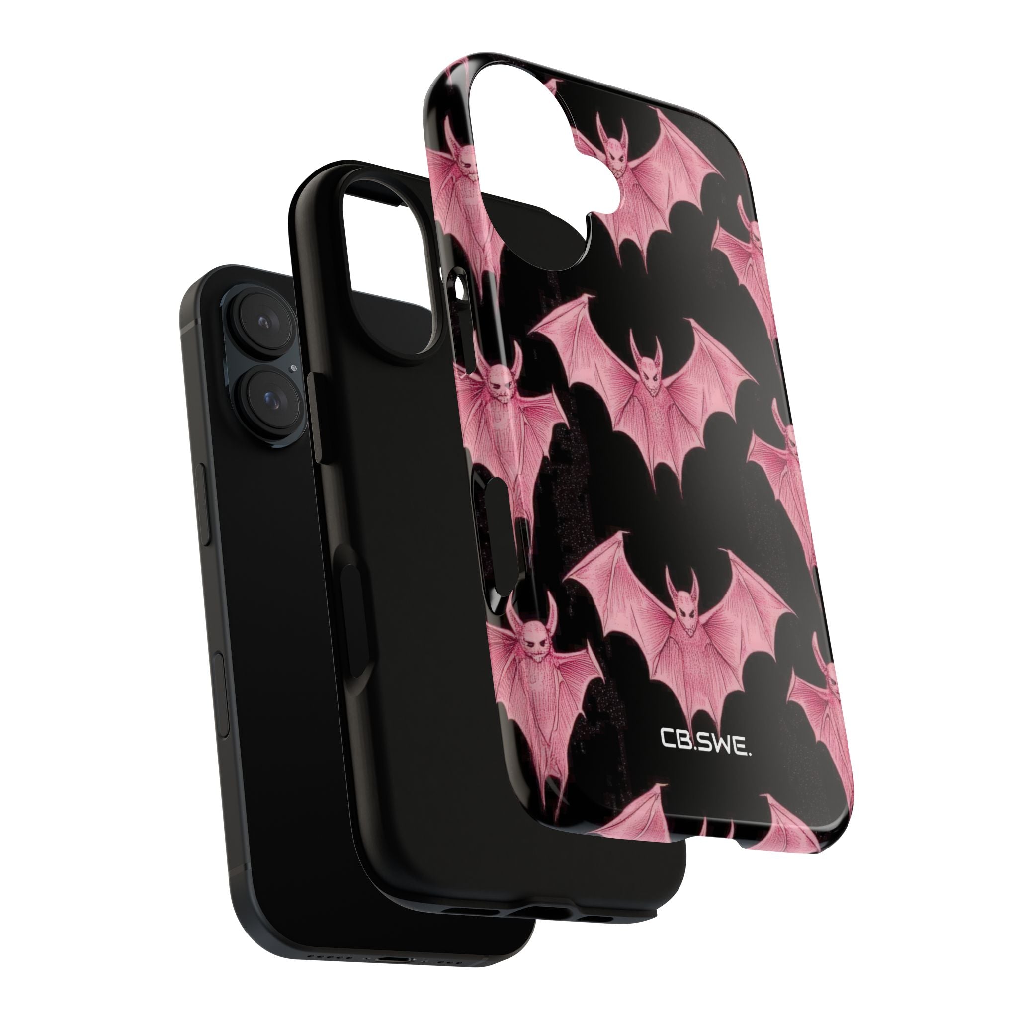 Pink Bat on Black Symmetrical iPhone 16 - Tough