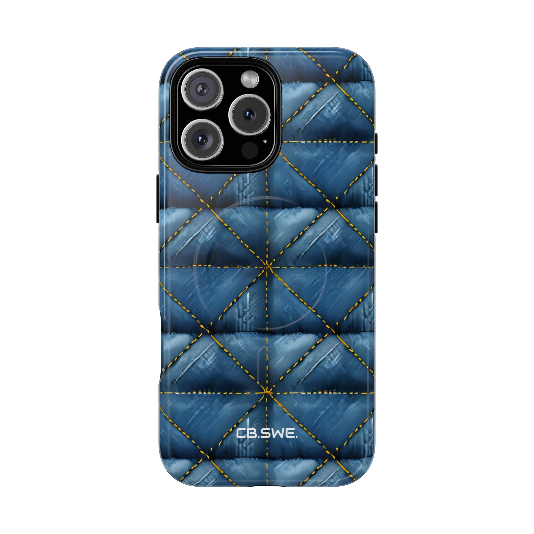 Azul Denim Acolchado con Costuras Amarillas Sin Costuras para iPhone 16 - Tough+
