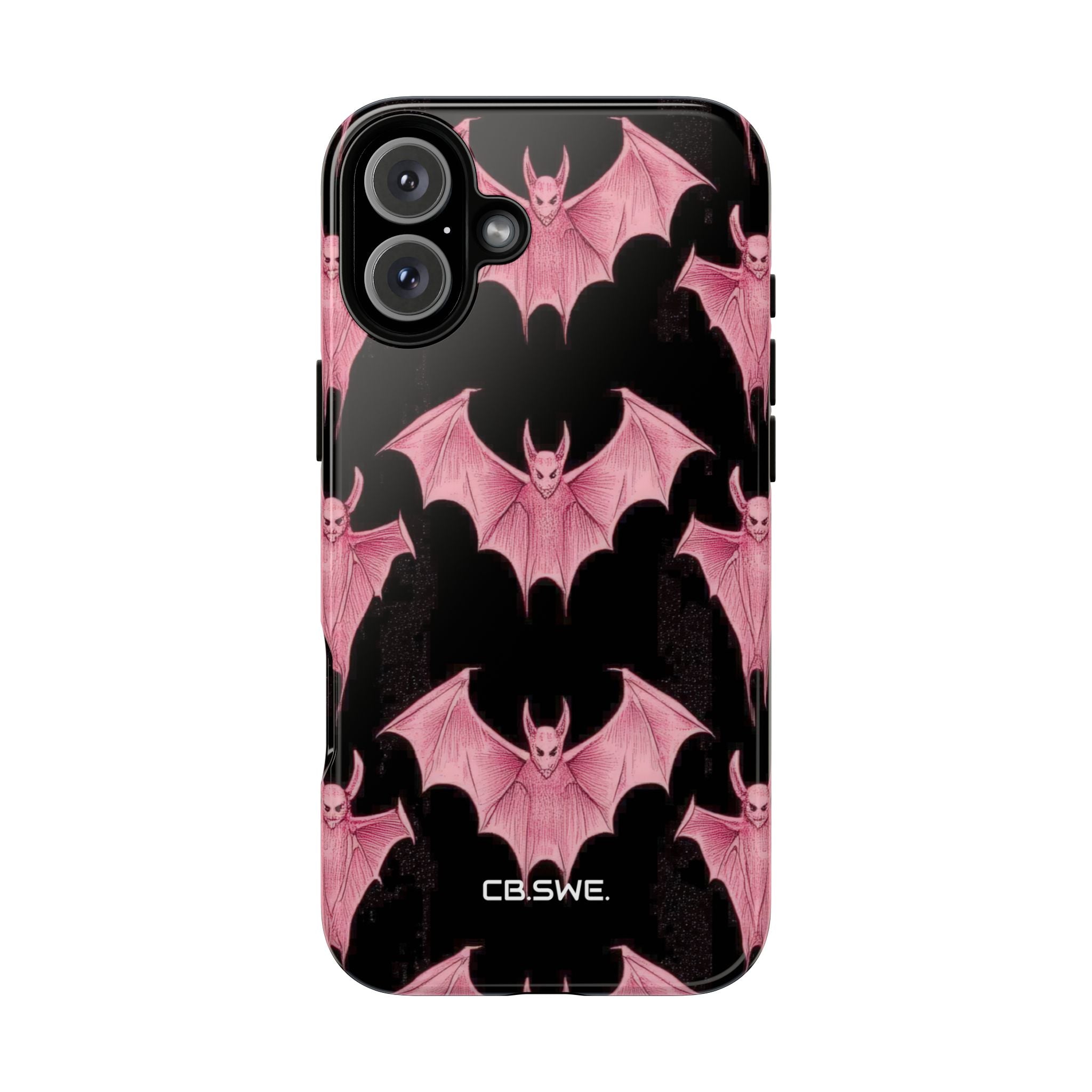Pink Bat on Black Symmetrical iPhone 16 - Tough