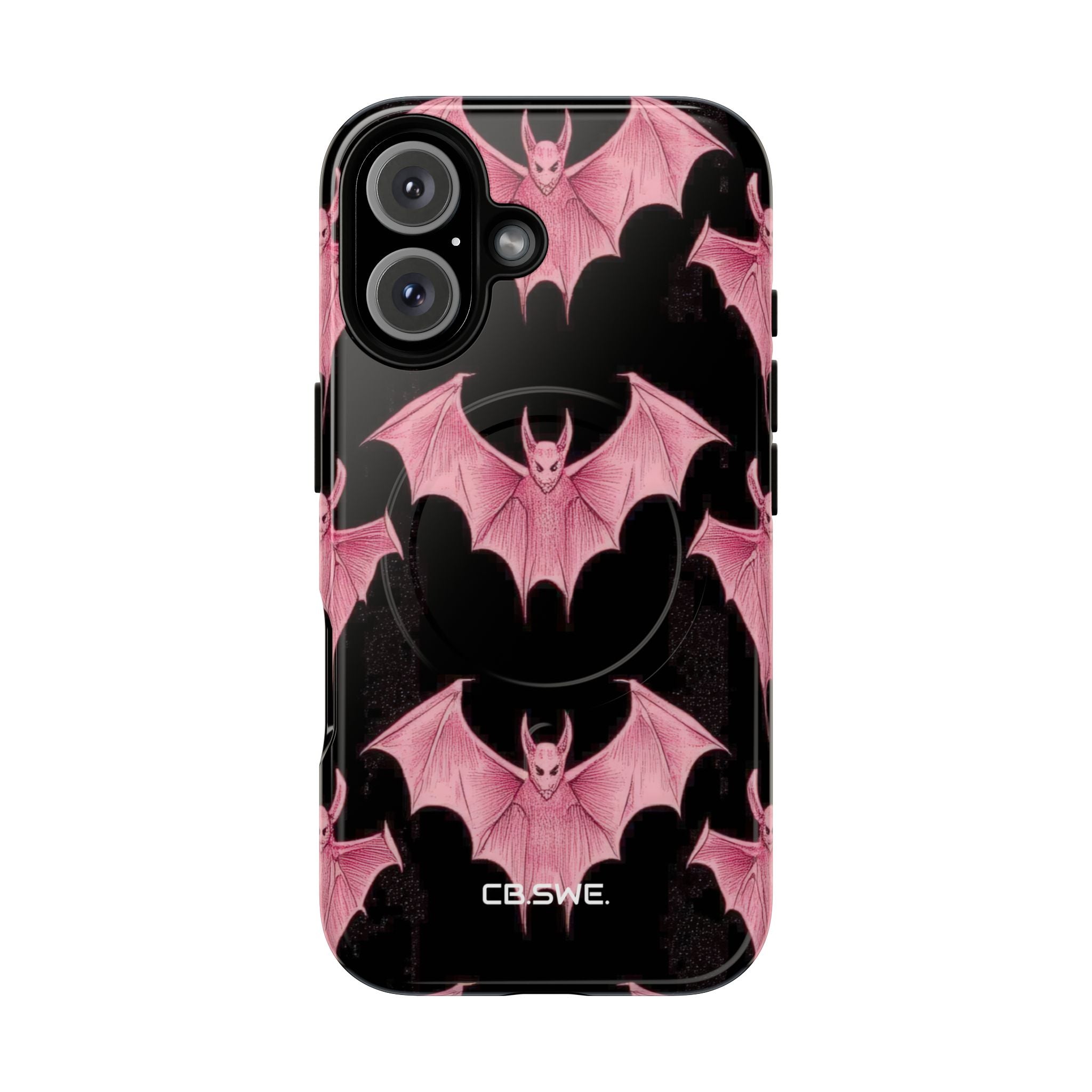 Pink Bat on Black Symmetrical iPhone 16 - Tough+